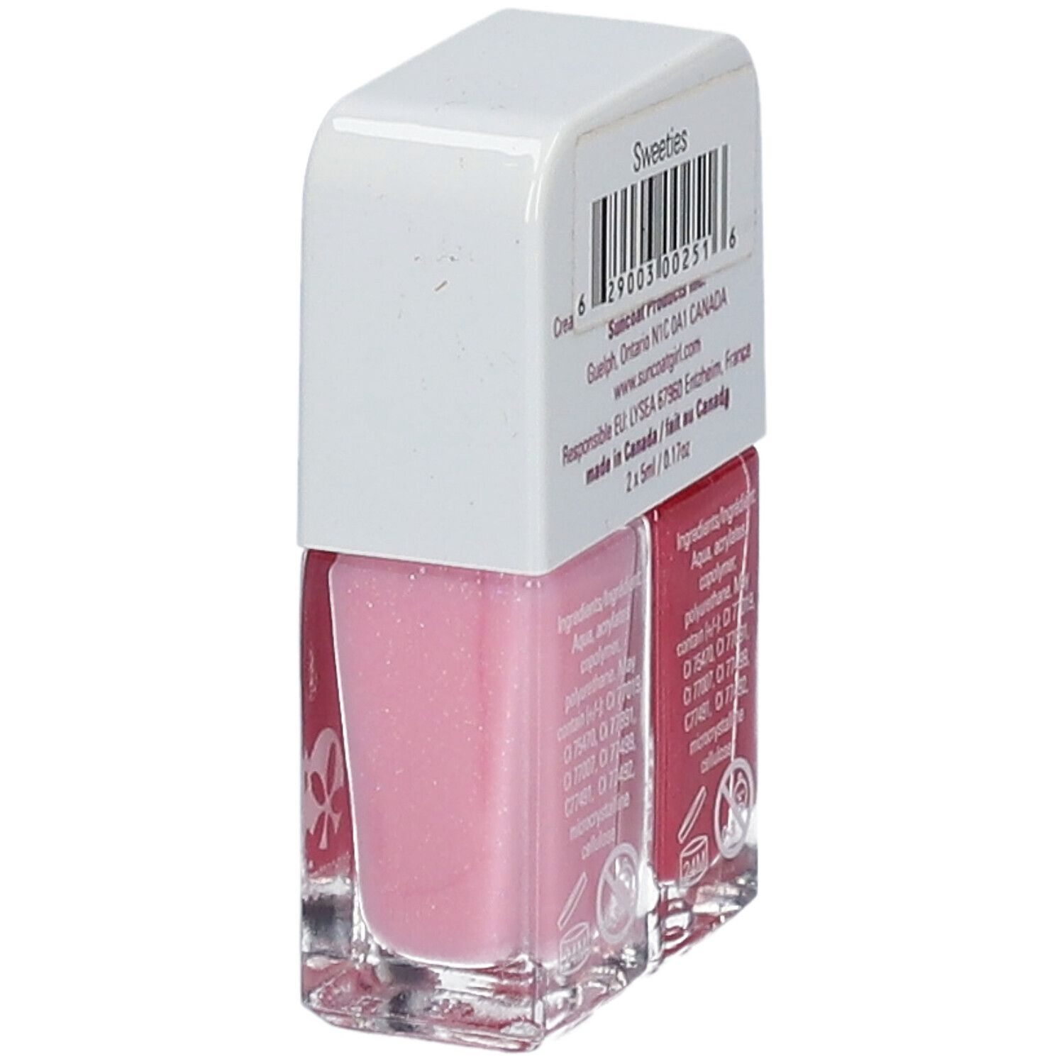 Vernis à ongles double. Dos avec ingrédients, code-barres et informations du fabricant. Deux flacons.