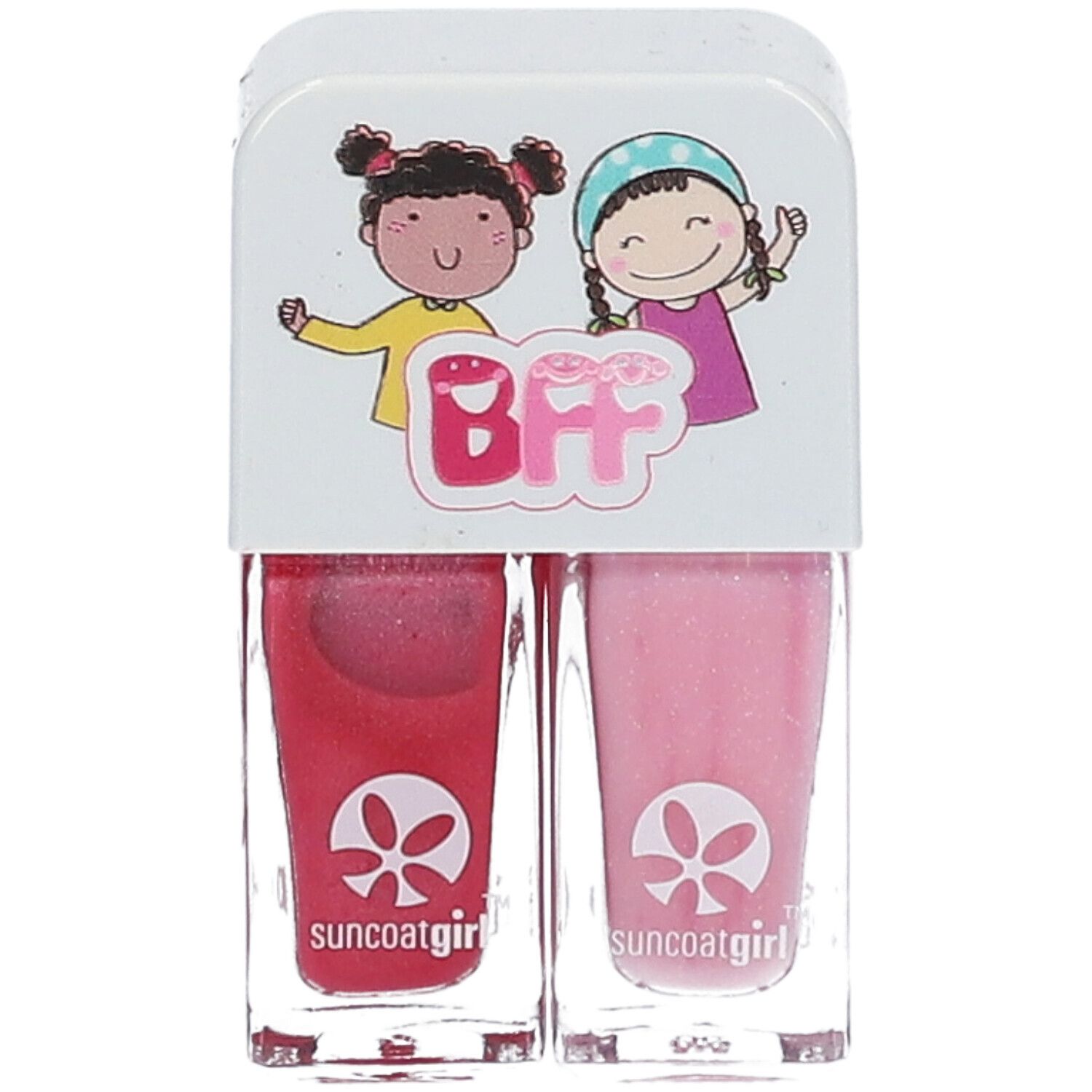 Vernis à ongles double. Deux couleurs dans des flacons transparents. Illustration BFF et logo sur le couvercle.