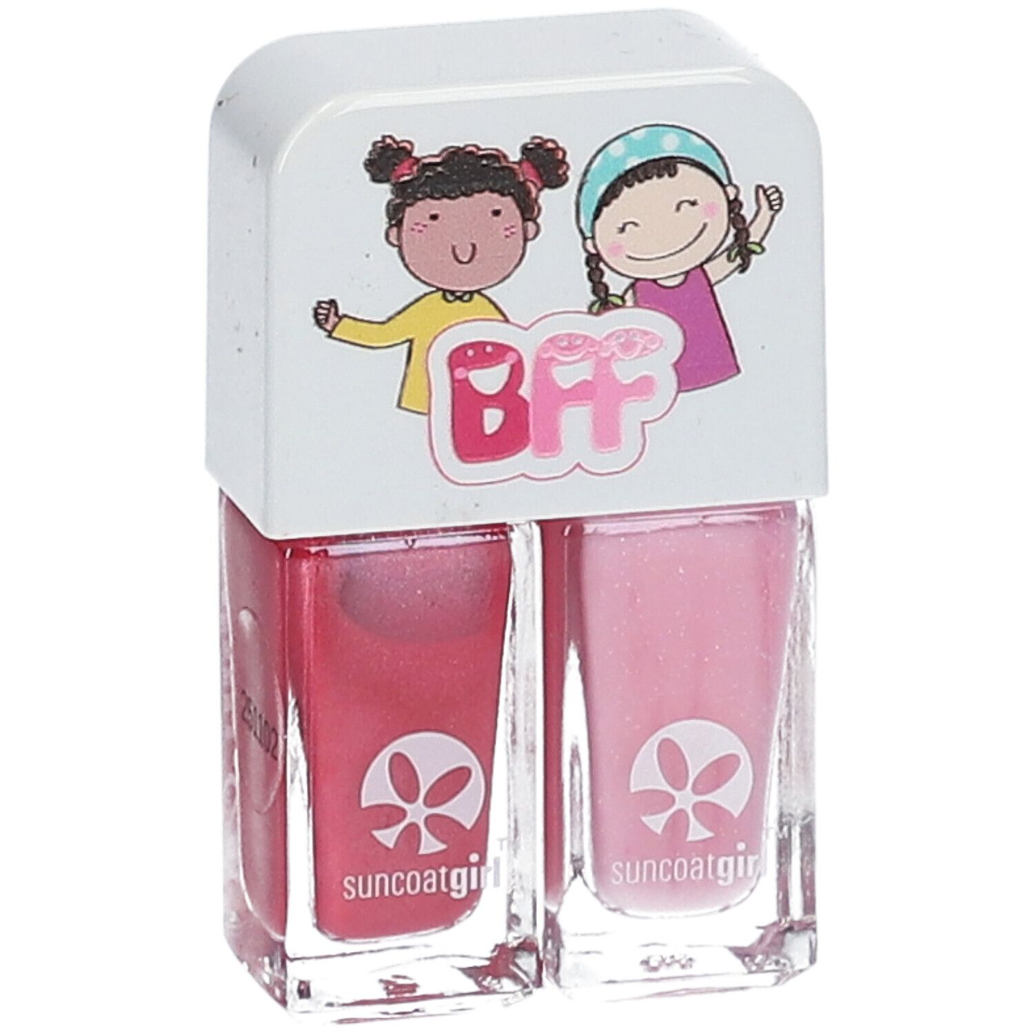 Vernis à ongles double. Deux couleurs dans des flacons transparents. Illustration BFF et logo sur le couvercle.