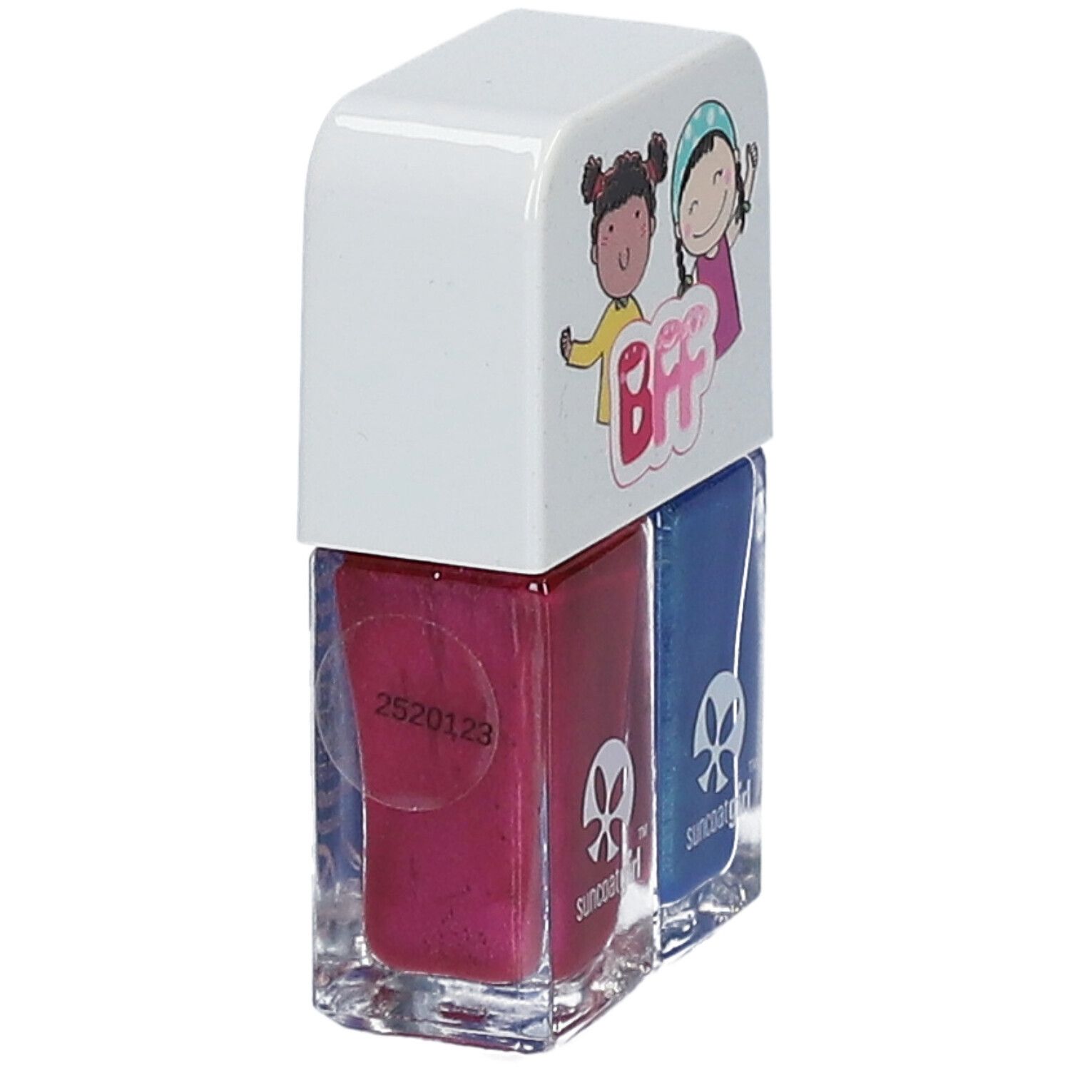 Duo de vernis à ongles. Couvercle avec illustration BFF de deux filles. Logo suncoatgirl.