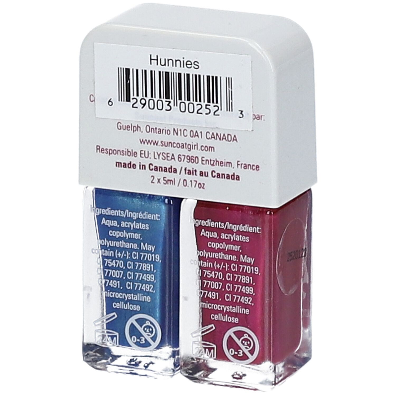 Duo de vernis à ongles. Dos avec code-barres et informations produit. Nom de la marque Hunnies.