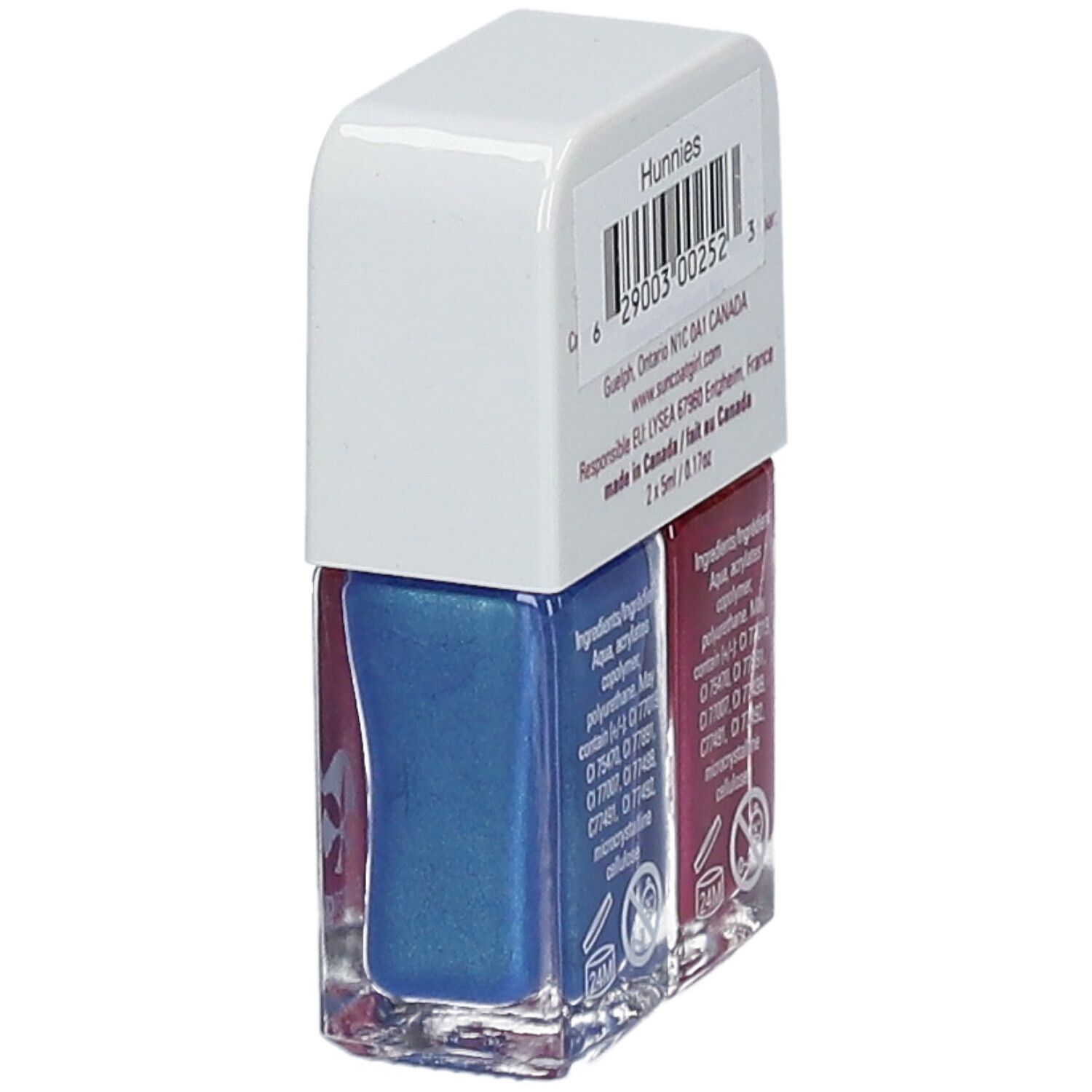 Duo de vernis à ongles. Dos avec code-barres et informations produit. Nom de la marque Hunnies.