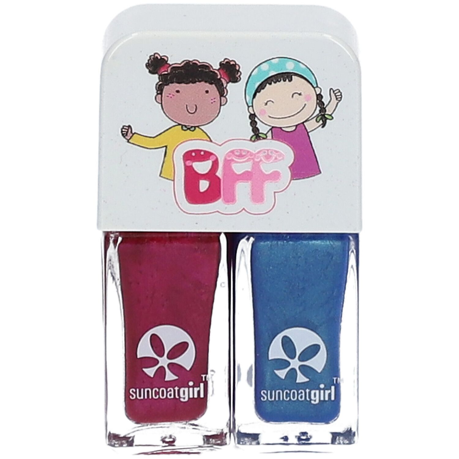 Duo de vernis à ongles. Couvercle avec illustration BFF de deux filles. Logo suncoatgirl.