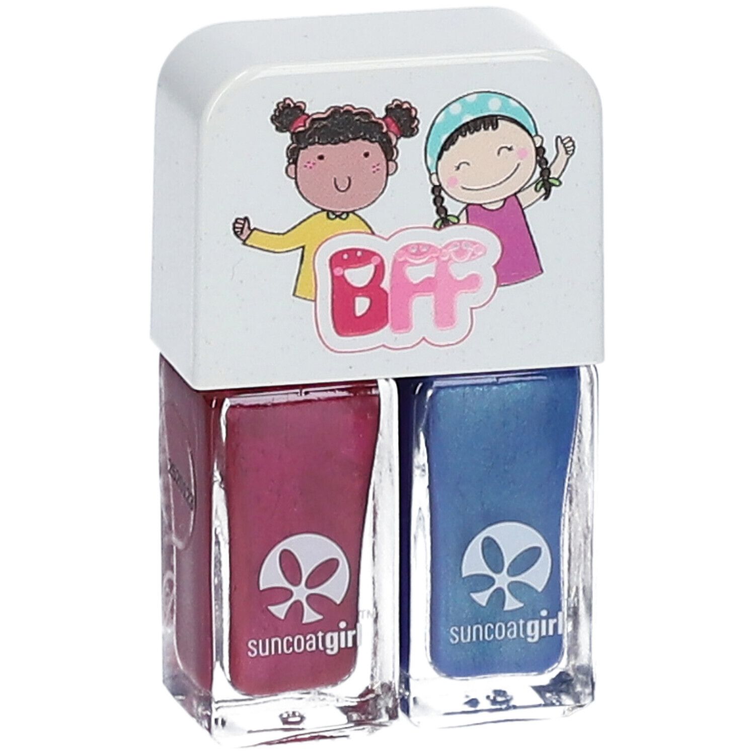 Duo de vernis à ongles. Couvercle avec illustration BFF de deux filles. Logo suncoatgirl.