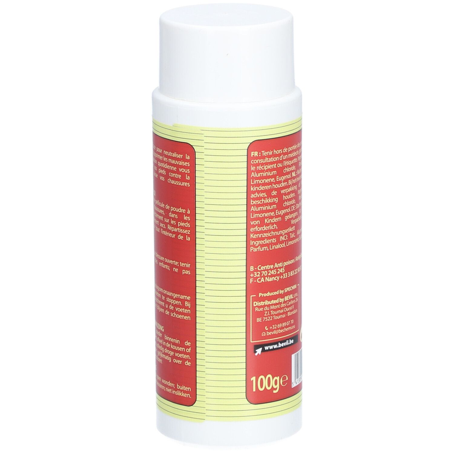 Flacon blanc avec étiquette rouge. Texte multilingue. Informations d'utilisation.