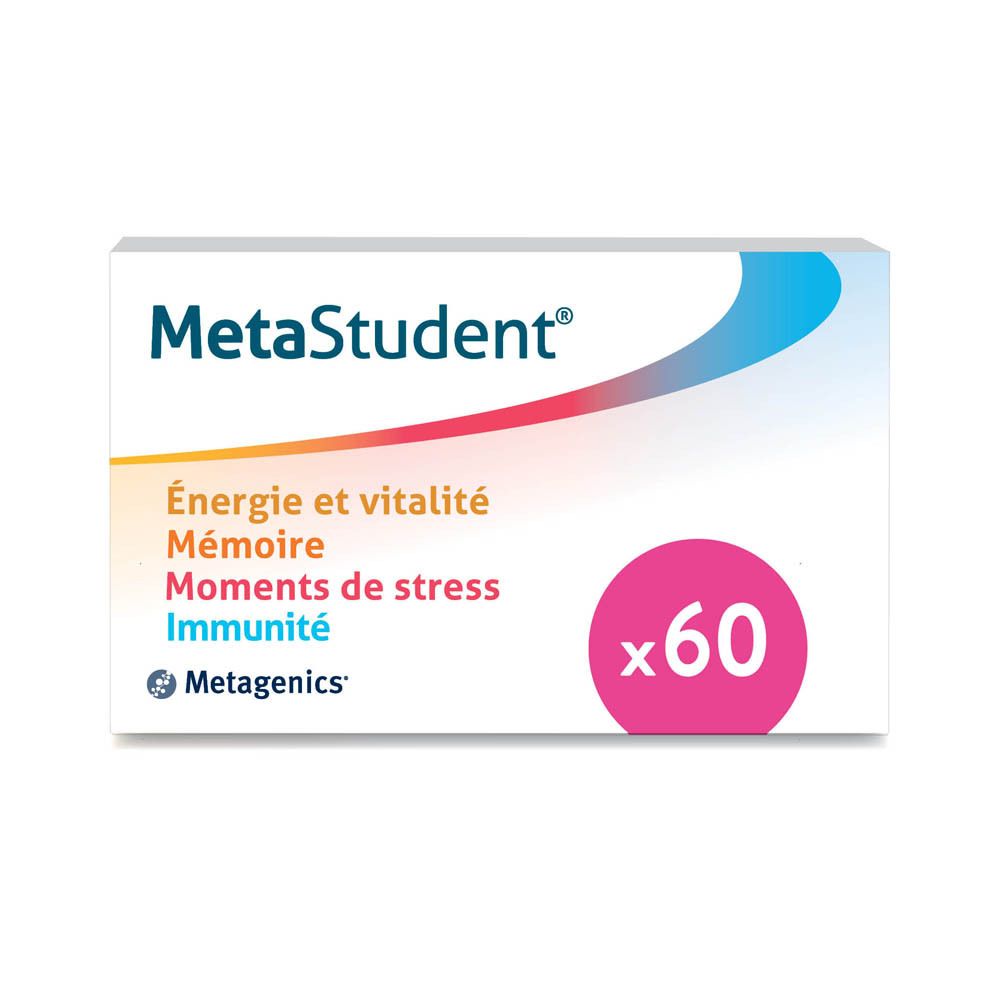 Boîte MetaStudent®. Carton blanc avec texte et graphiques. Contient 60 comprimés. Marque : Metagenics.