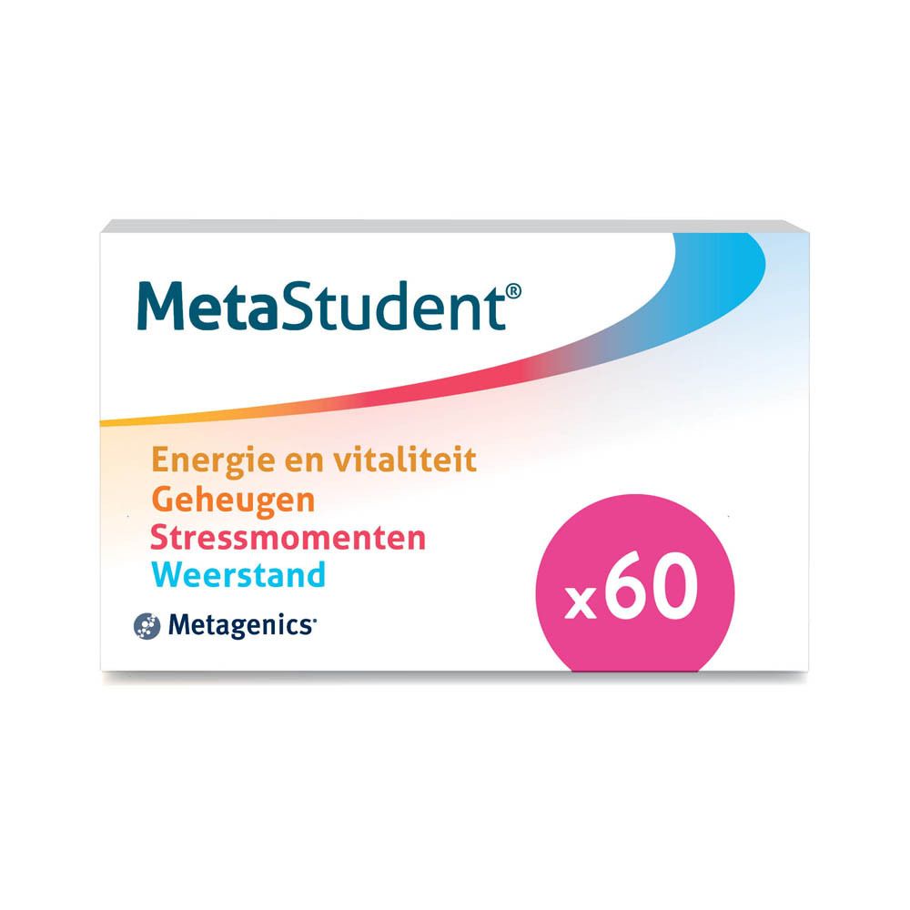 MetaStudent®-verpakking. Witte doos met tekst en afbeeldingen. Bevat 60 tabletten. Merk: Metagenics.