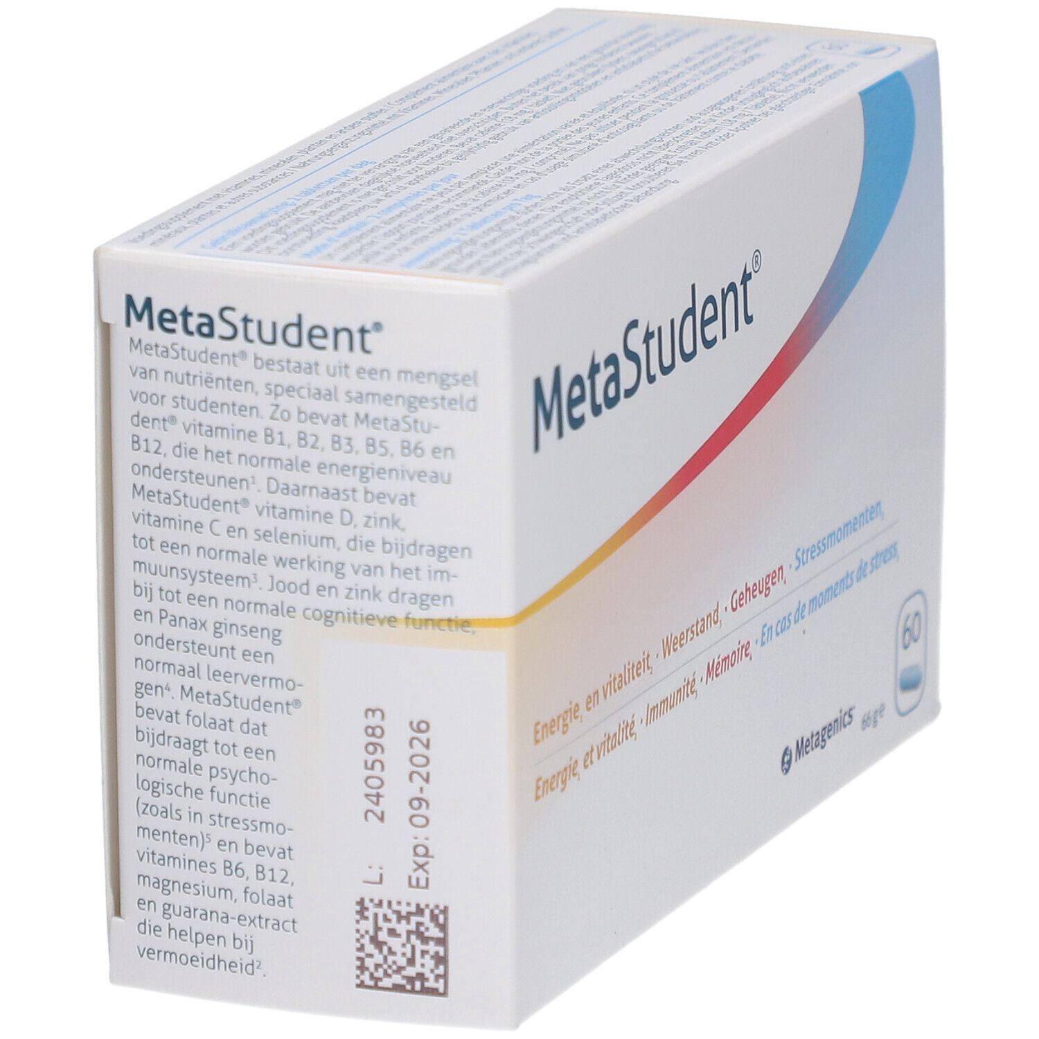 MetaStudent®-verpakking. Witte doos met tekst en afbeeldingen. Bevat 60 tabletten. Houdbaar tot 09-2026.