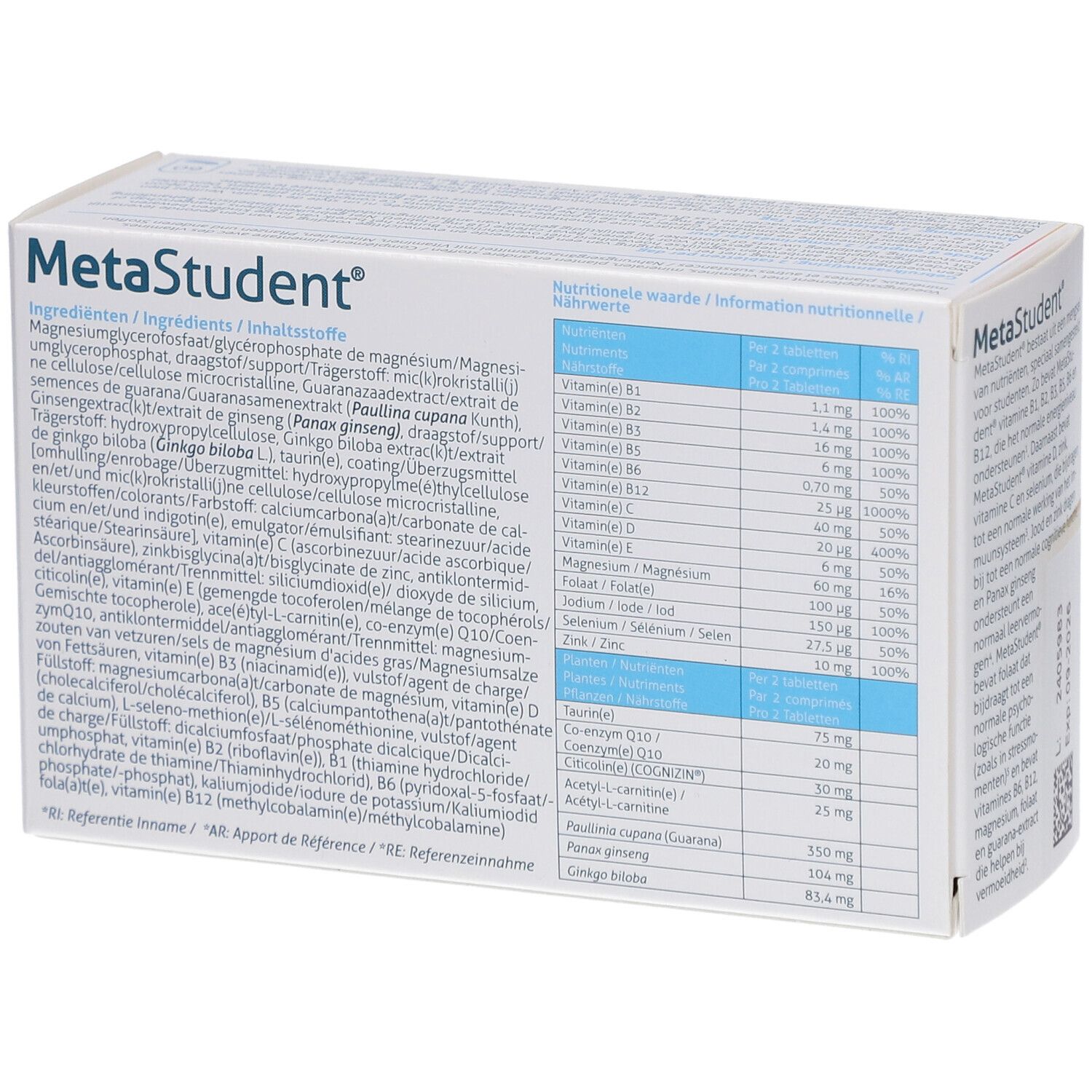 MetaStudent®-verpakking. Achterkant met ingrediënten en voedingswaarde. Tekst in het Duits en Nederlands.