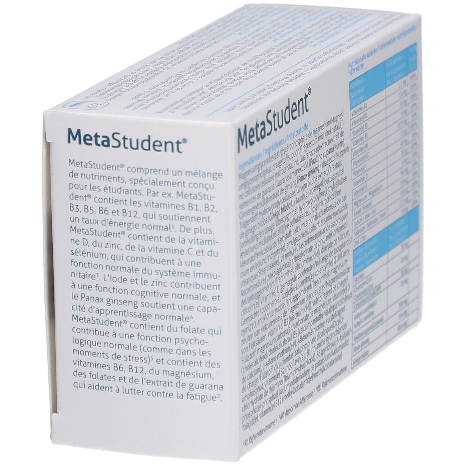 MetaStudent®-verpakking. Zijkant met tekst. Bevat informatie over het product. Tekst in het Frans.