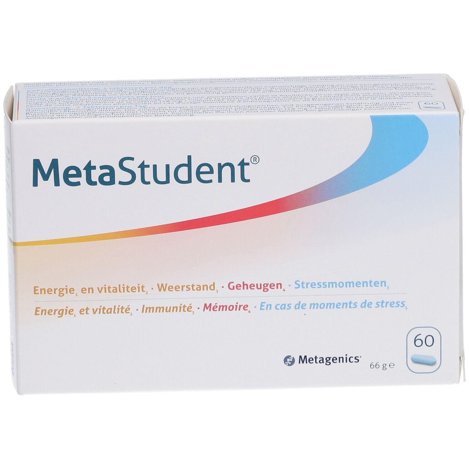 MetaStudent®-verpakking. Witte doos met blauwe en rode elementen. Bevat 60 tabletten.
