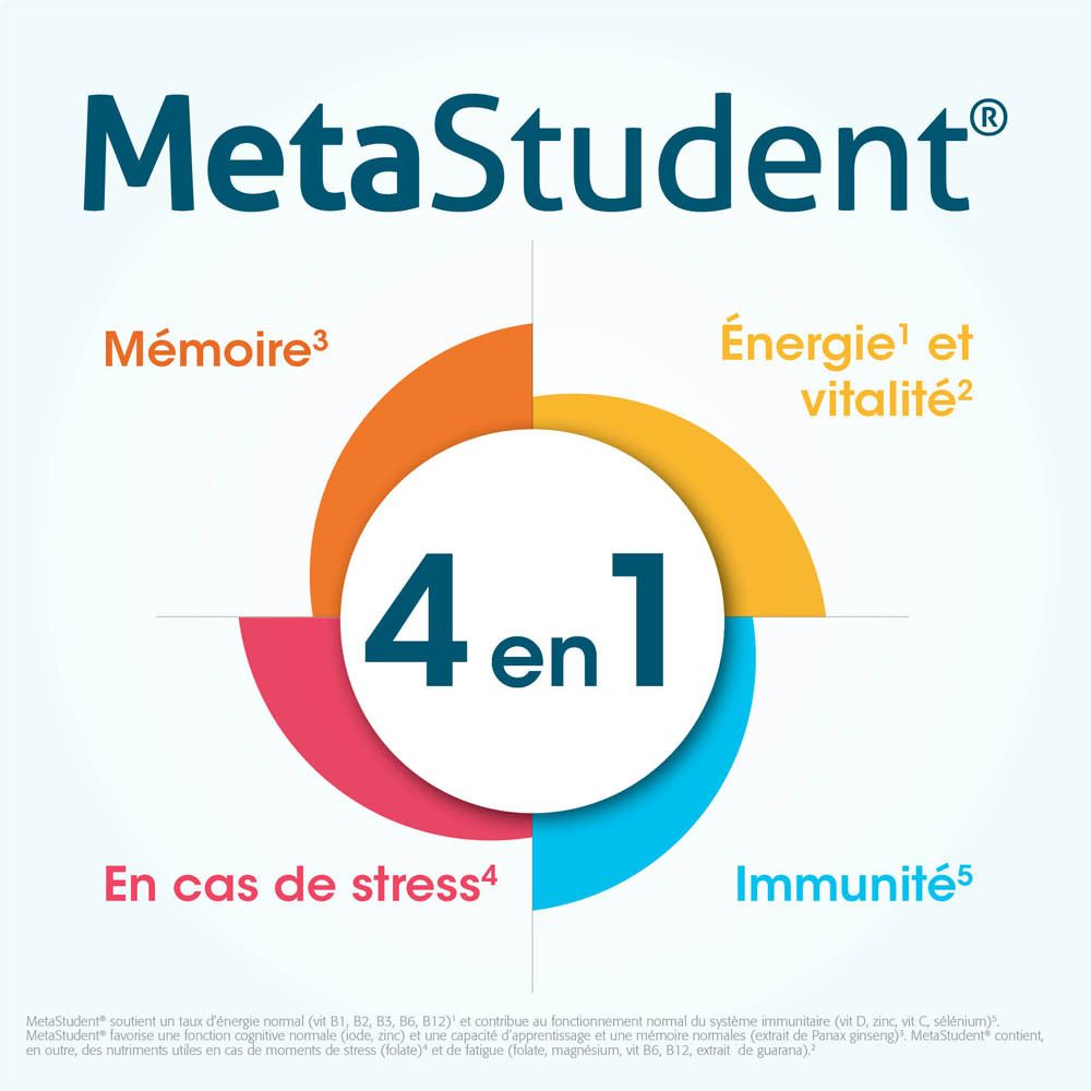 Graphique MetaStudent®. Représentation circulaire avec 4 segments. Texte : Énergie, Mémoire, Immunité, Stress.