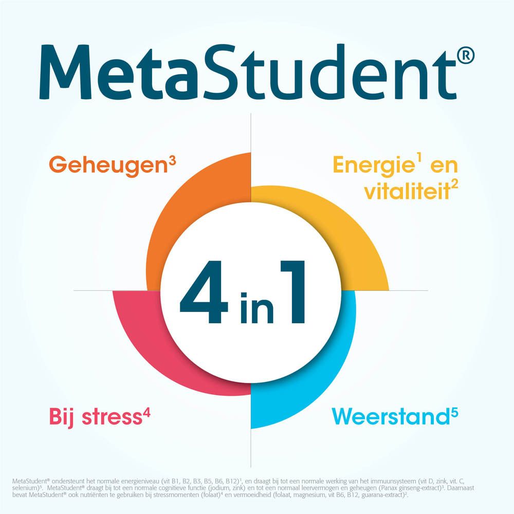 MetaStudent®-afbeelding. Cirkelvormige weergave met 4 segmenten. Tekst: Energie, Geheugen, Immuniteit, Stress.