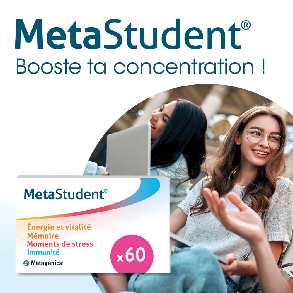 Boîte MetaStudent®. Deux femmes assises ensemble. Emballage du produit au premier plan. Contient 60 comprimés.