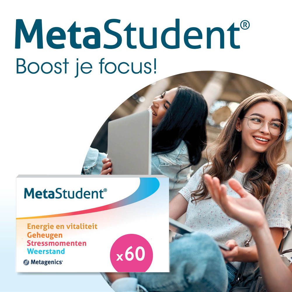 MetaStudent®-verpakking. Twee vrouwen zitten samen. Productverpakking op de voorgrond. Bevat 60 tabletten.