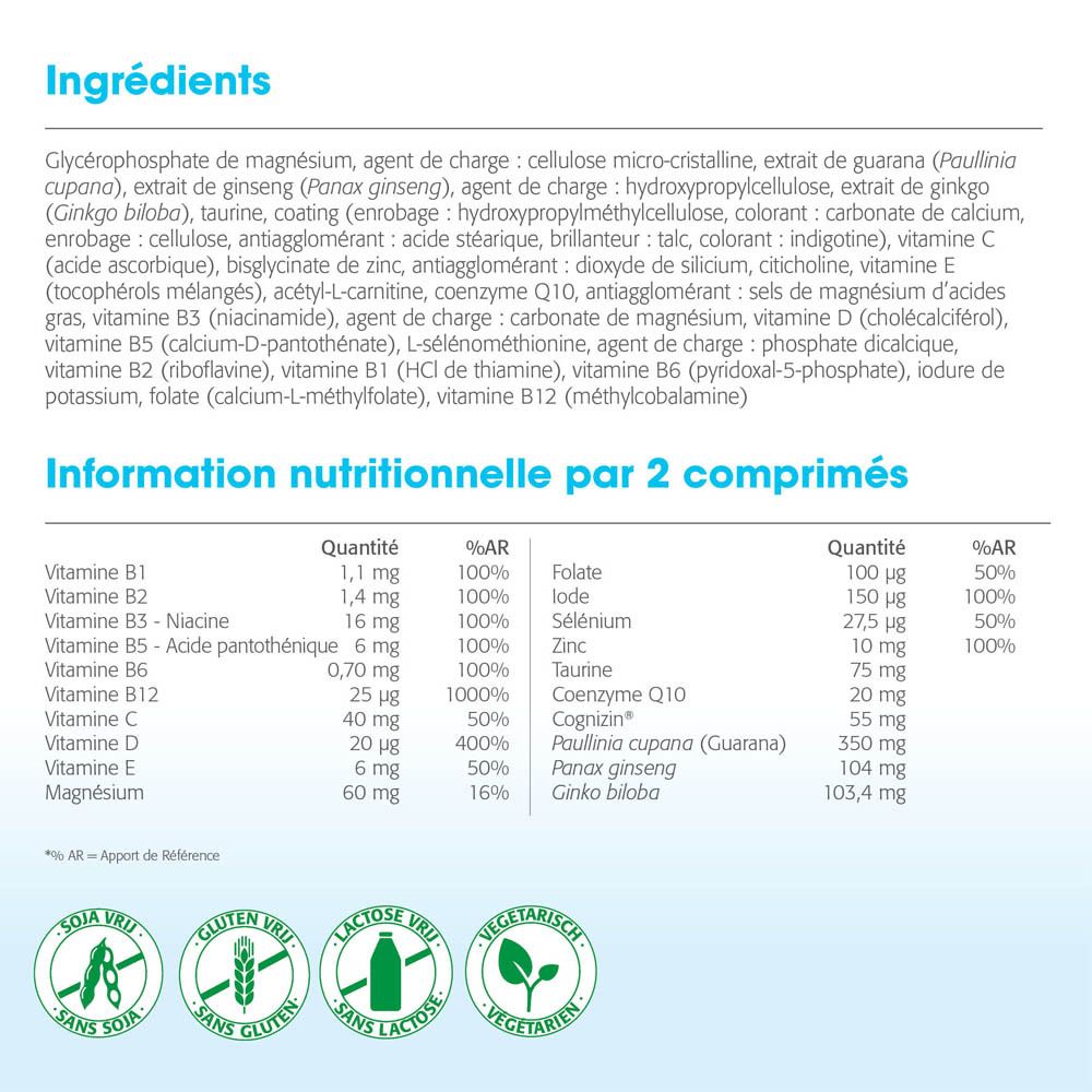 Boîte MetaStudent®. Dos avec ingrédients et informations nutritionnelles. Texte en français.