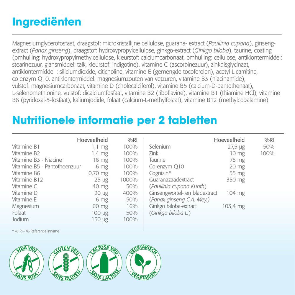 MetaStudent®-verpakking. Achterkant met ingrediënten en voedingswaarde. Tekst in het Nederlands.