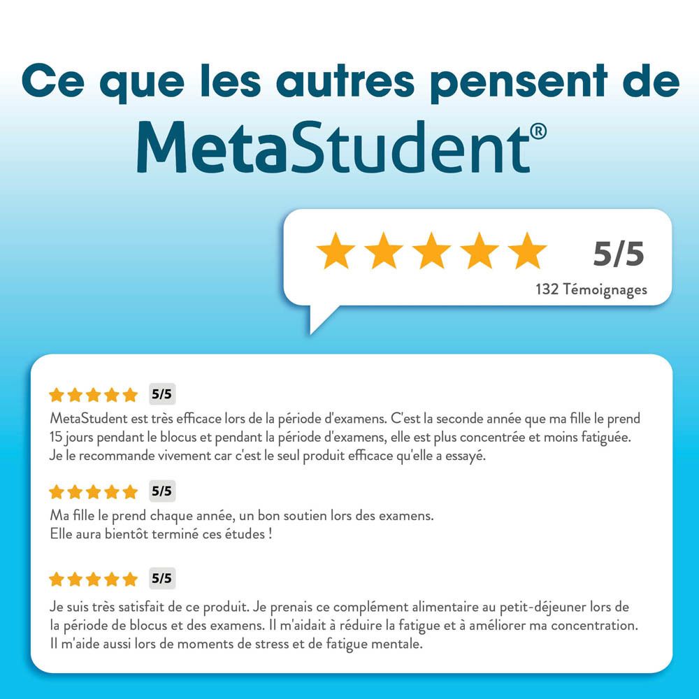 Graphique MetaStudent®. Texte avec avis. 5/5 étoiles. 132 avis. Texte en français.