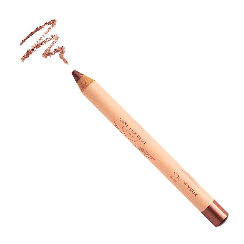 Crayon avec pointe marron et corps rose. Inscriptions: CENT PUR CENT, VOLUMIEYEUX. Trace marron.