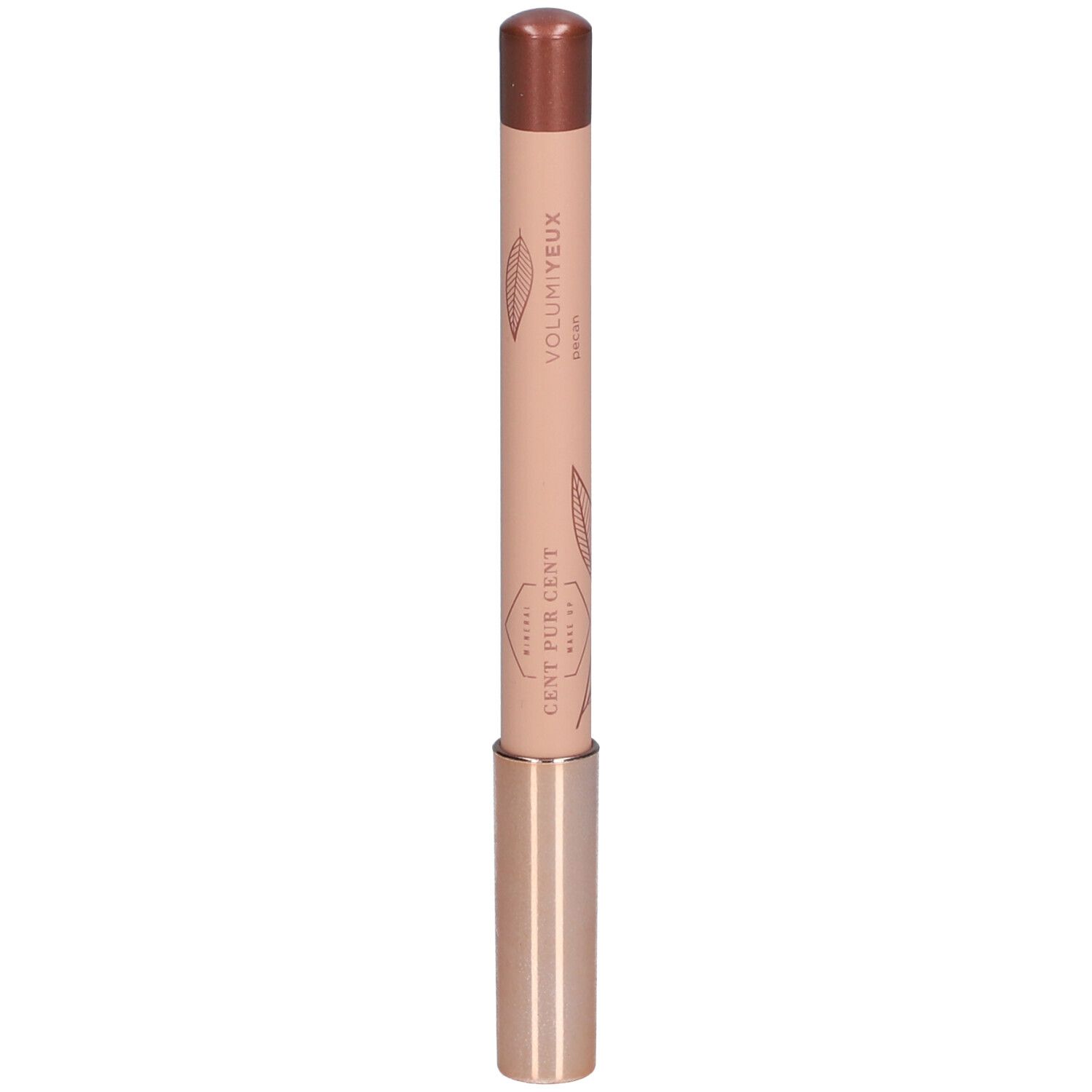Crayon avec pointe marron et corps rose. Inscriptions: CENT PUR CENT, VOLUMIEYEUX.