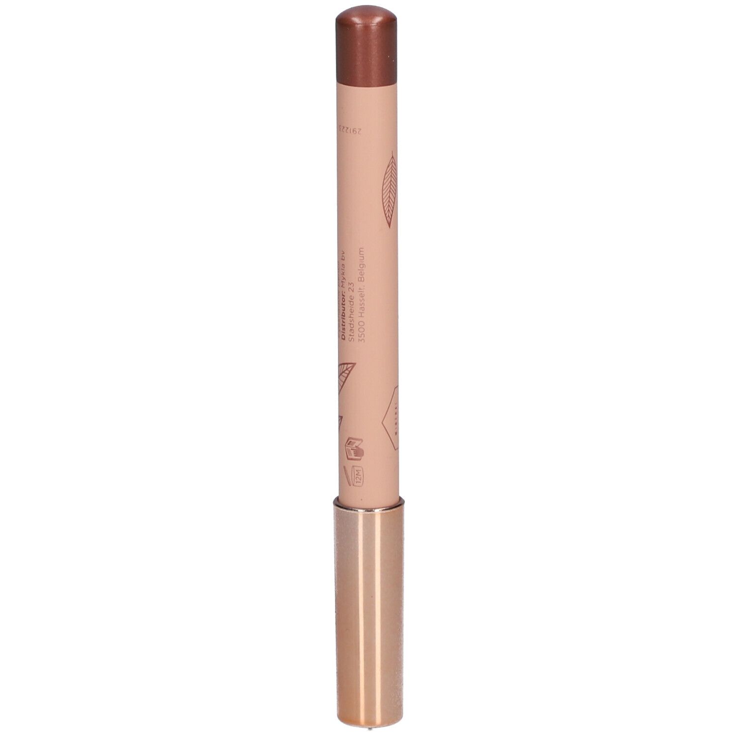 Crayon avec pointe marron et corps rose. Inscriptions: CENT PUR CENT, VOLUMIEYEUX.