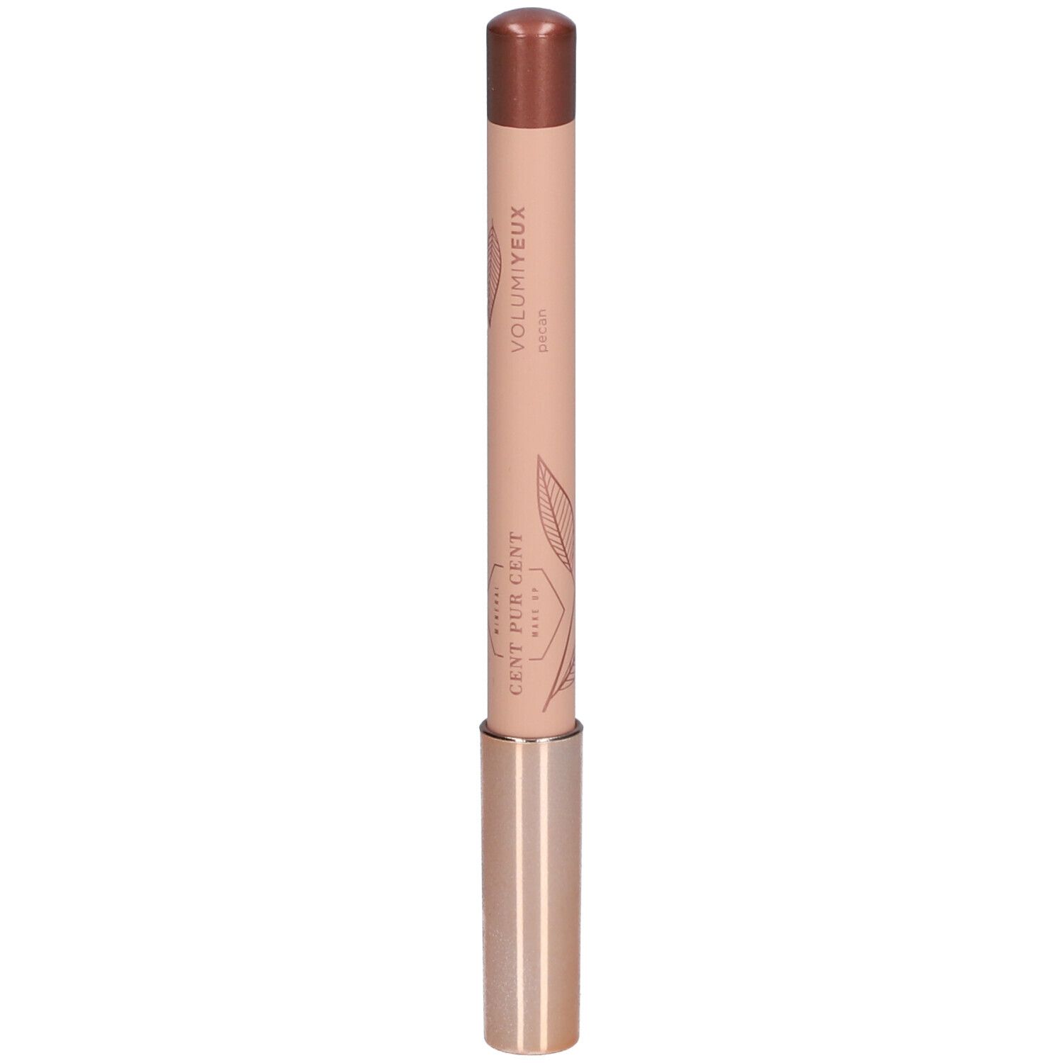 Crayon avec pointe marron et corps rose. Inscriptions: CENT PUR CENT, VOLUMIEYEUX.