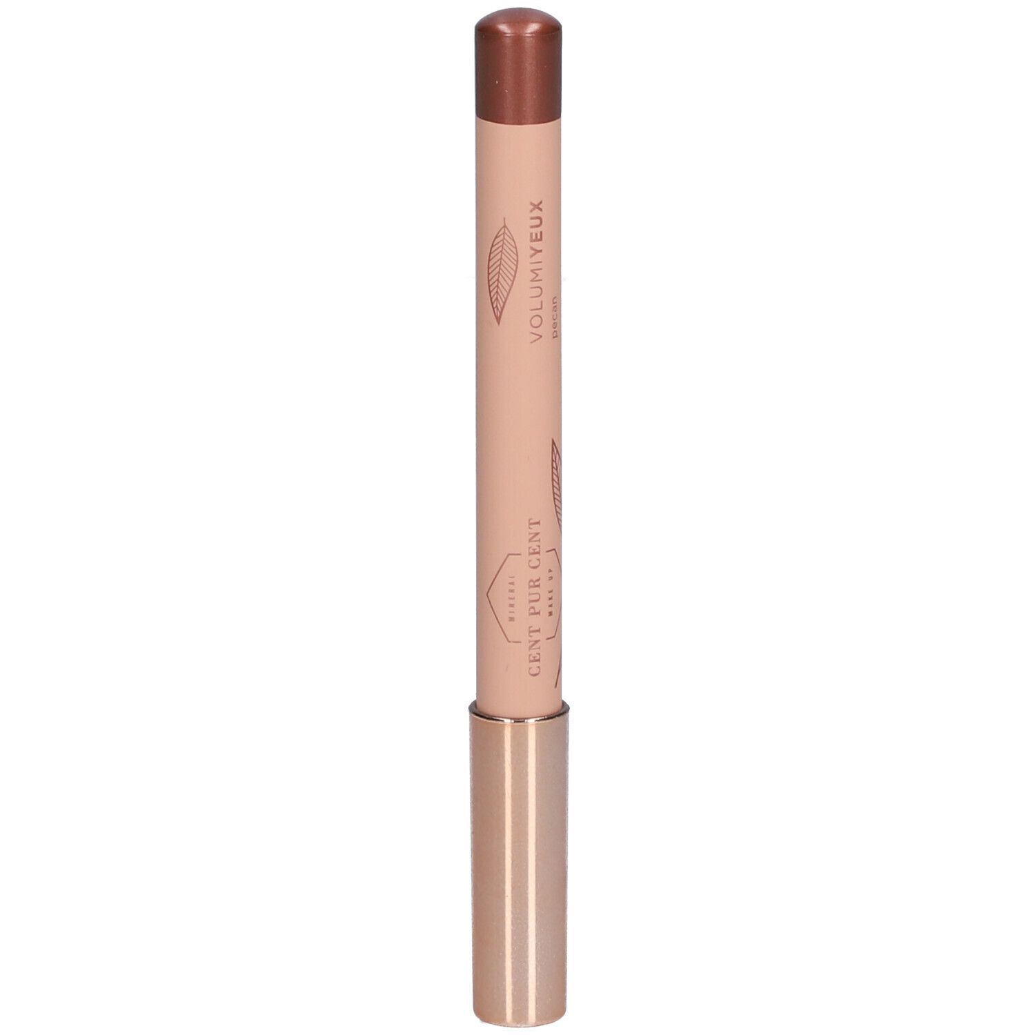 Crayon avec pointe marron et corps rose. Inscriptions: CENT PUR CENT, VOLUMIEYEUX.