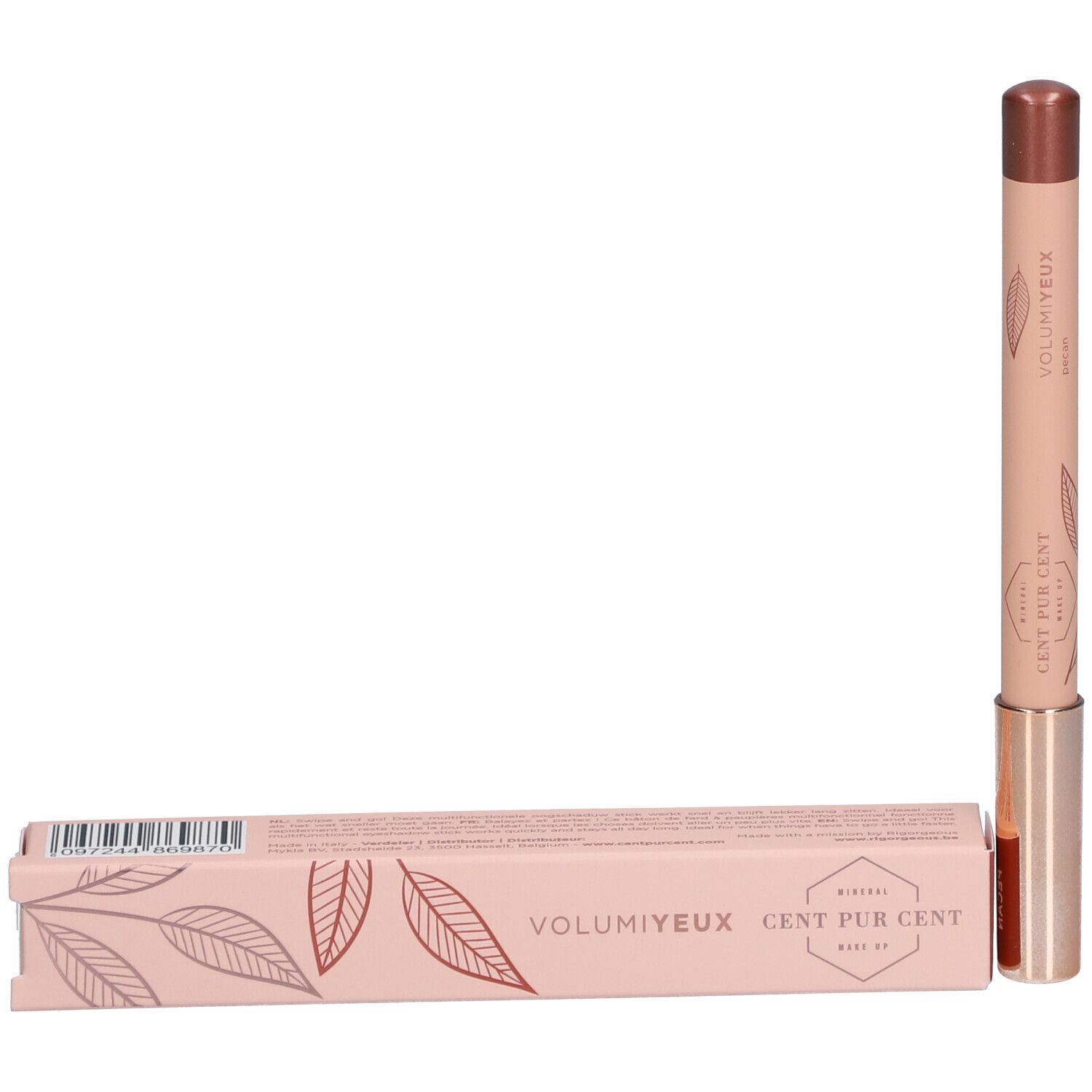 Produit et emballage. Crayon avec pointe marron et corps rose. Inscriptions: CENT PUR CENT, VOLUMIEYEUX.