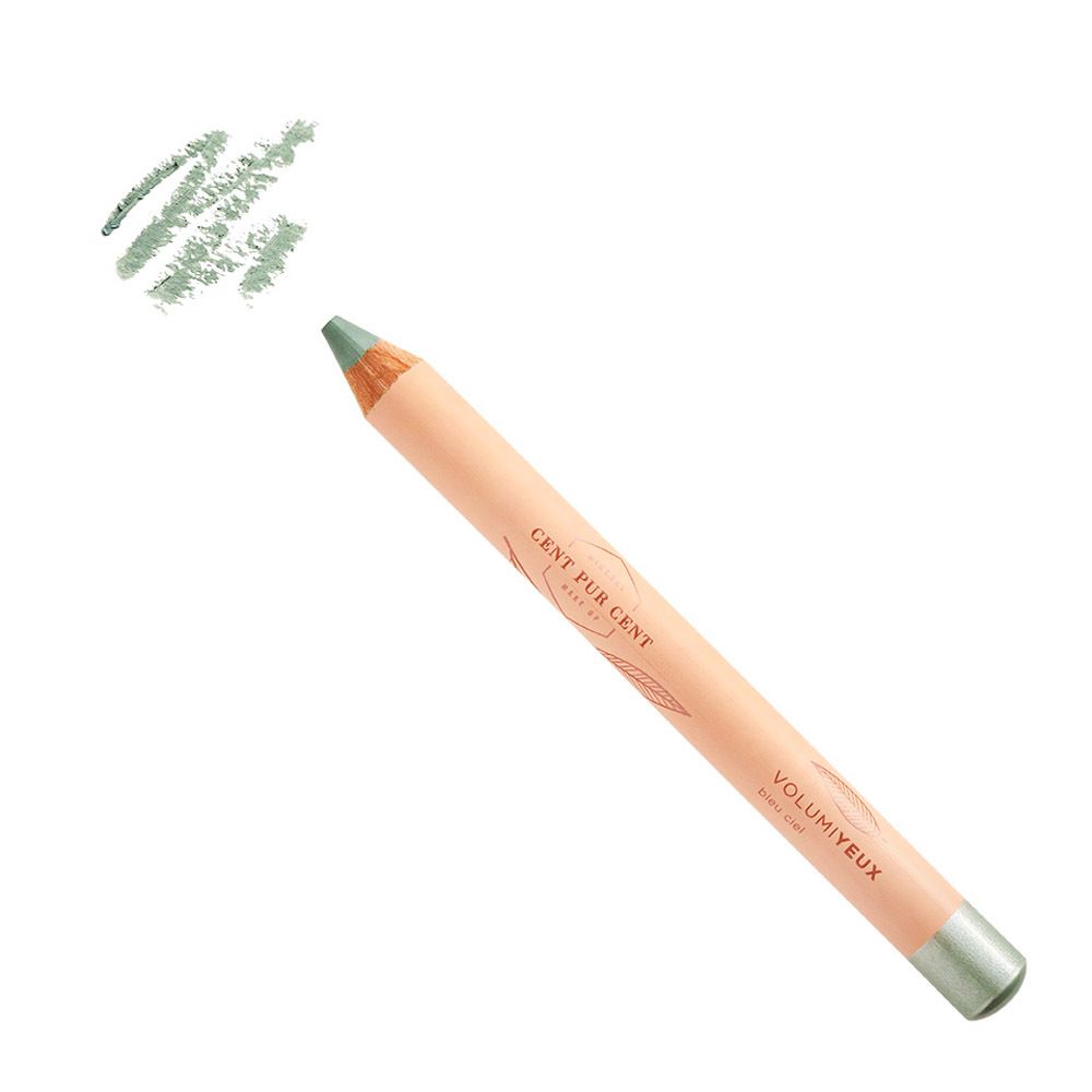 Blauwgroen oogpotlood met roze schacht. Opschrift: Cent Pur Cent Volumiyeux.
