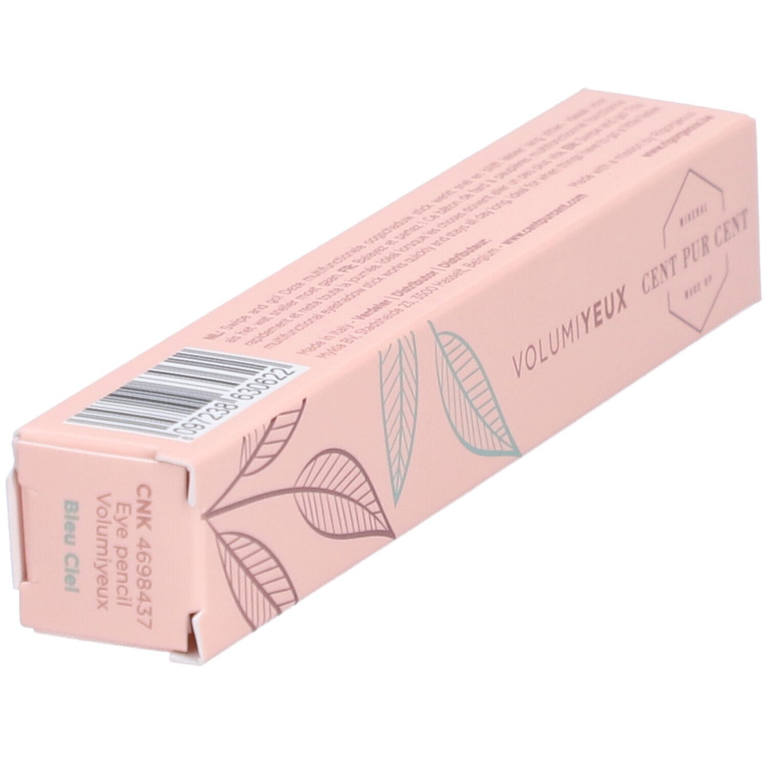 Roze verpakking met productnaam en bladerpatroon. Opschrift: Volumiyeux Cent Pur Cent Bleu Ciel. Productnaam: Eye pencil.