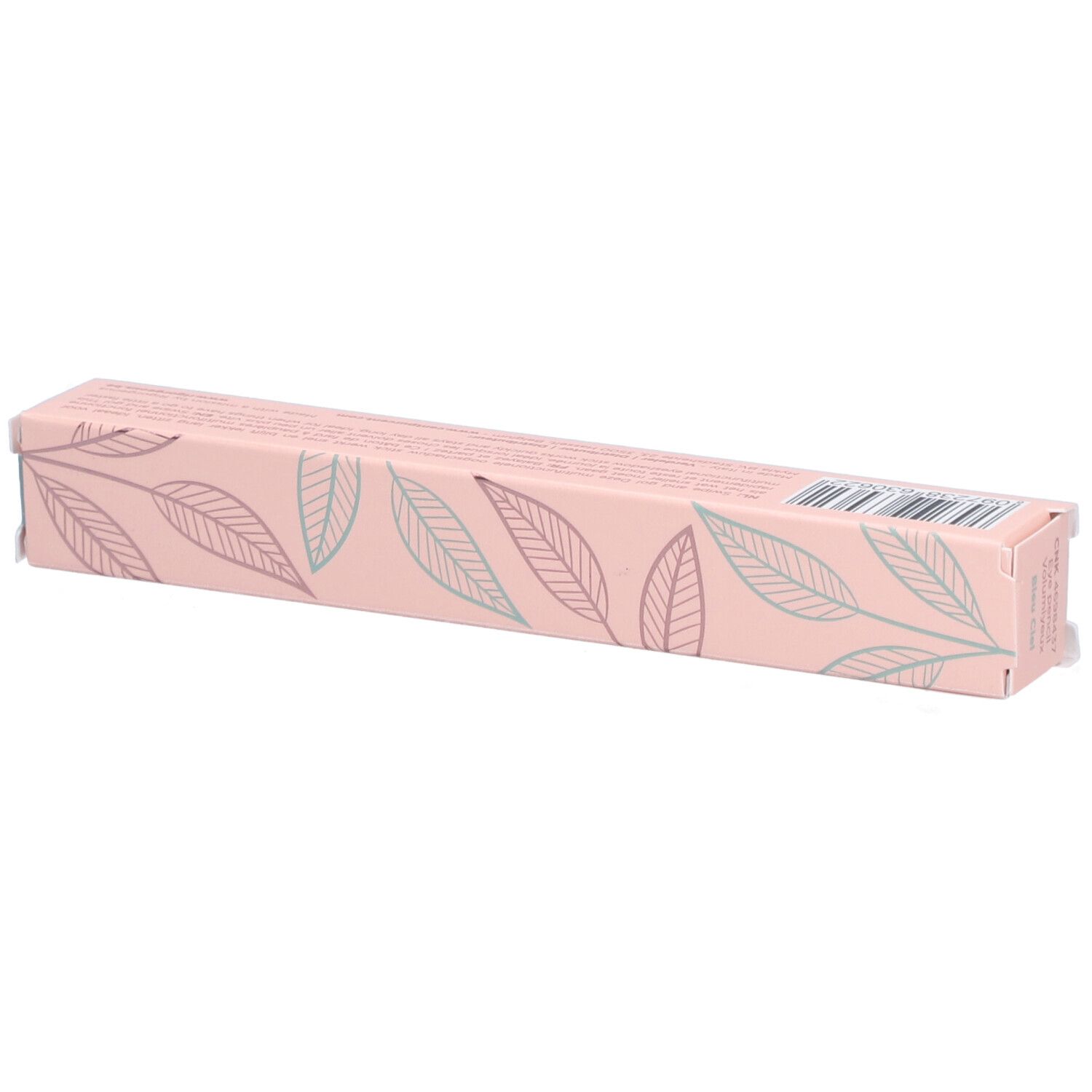 Roze verpakking met bladerpatroon. Opschrift: Volumiyeux Cent Pur Cent. Barcode.