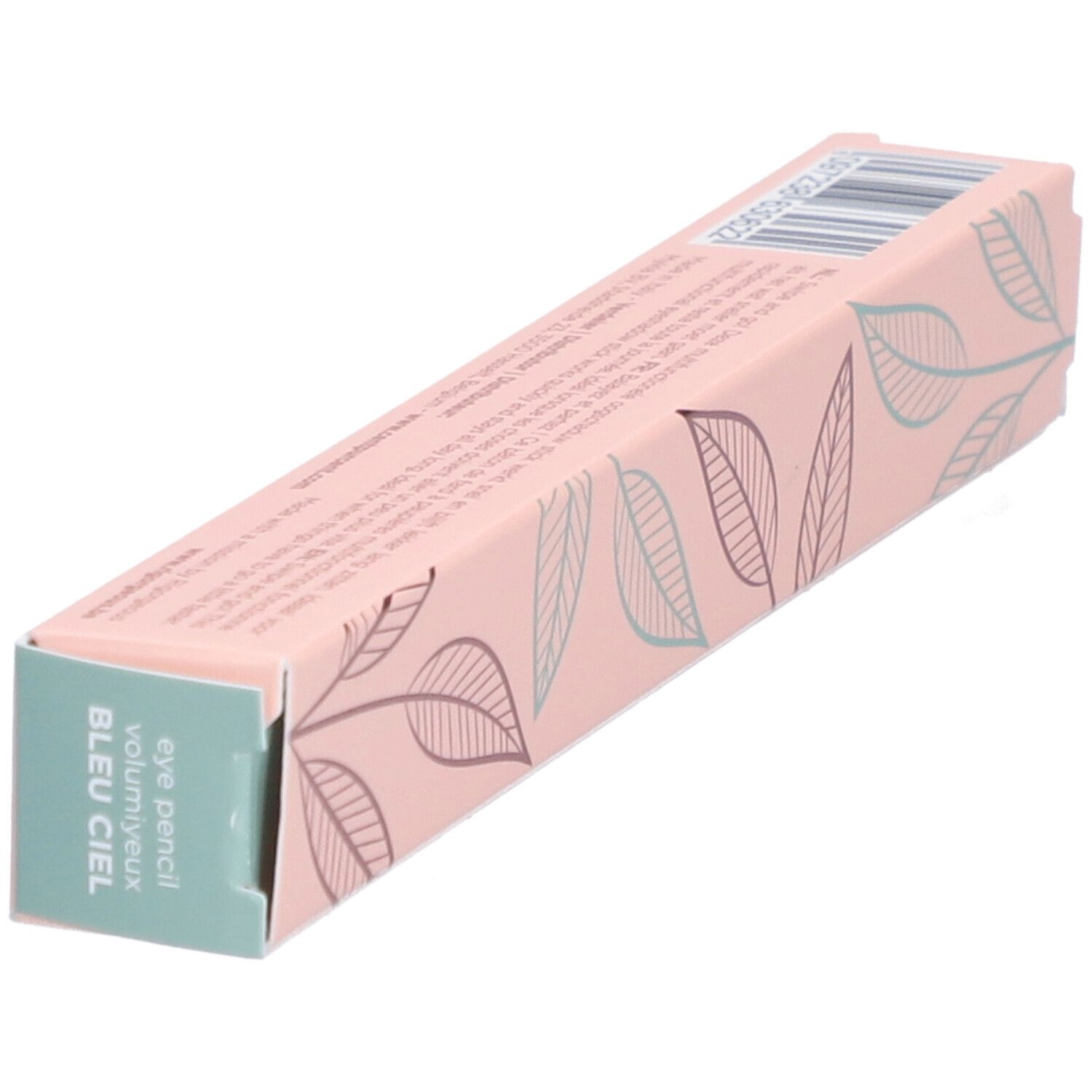 Roze verpakking met productnaam en bladerpatroon. Opschrift: Volumiyeux Cent Pur Cent Bleu Ciel. Productnaam: Eye pencil.