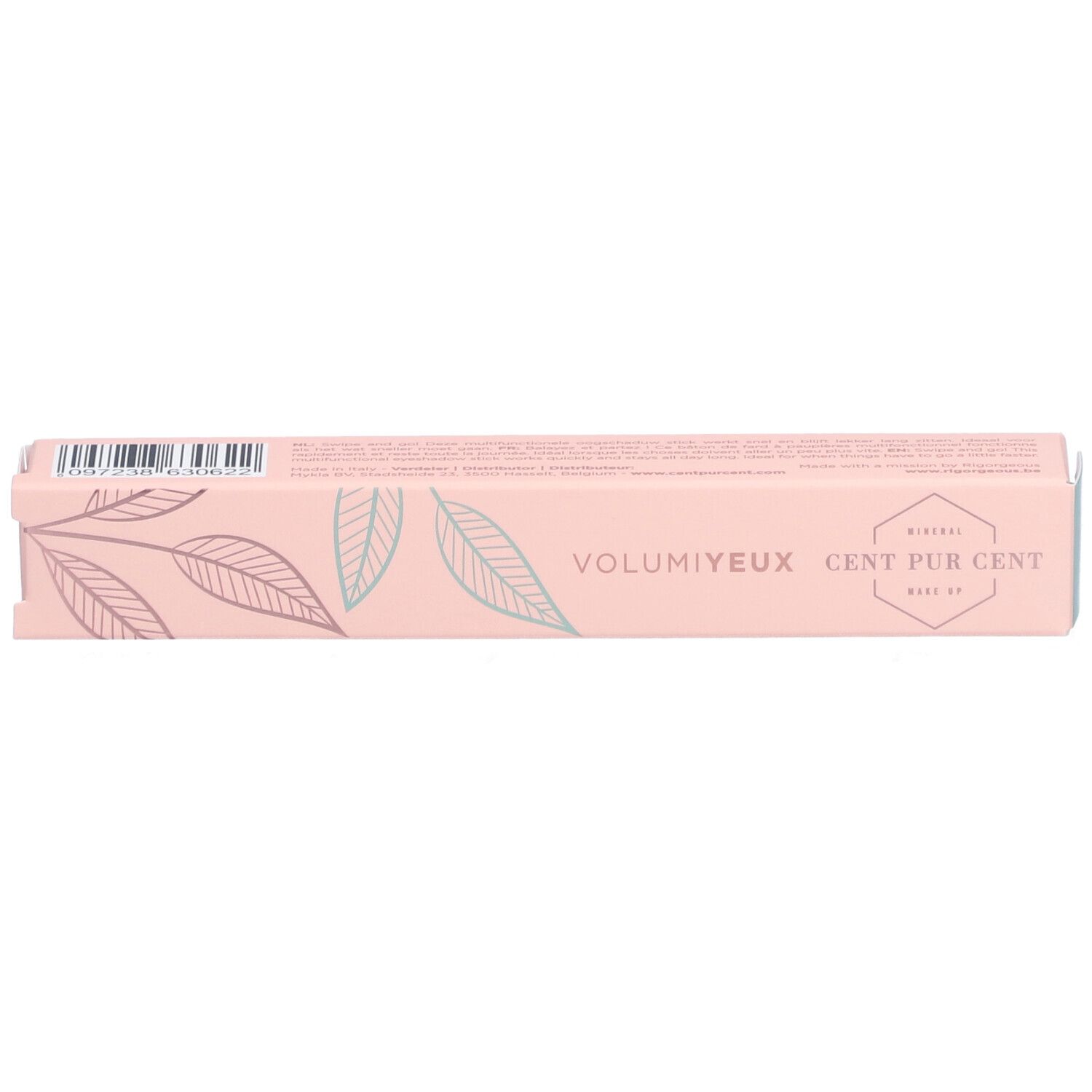 Roze verpakking met productnaam en bladerpatroon. Opschrift: Volumiyeux Cent Pur Cent.