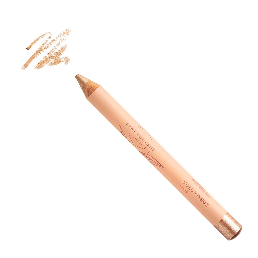 Crayon pour les yeux doré avec corps rose. Texte CENT PUR CENT VOLUMIYEUX. Pointe dorée. Trait.
