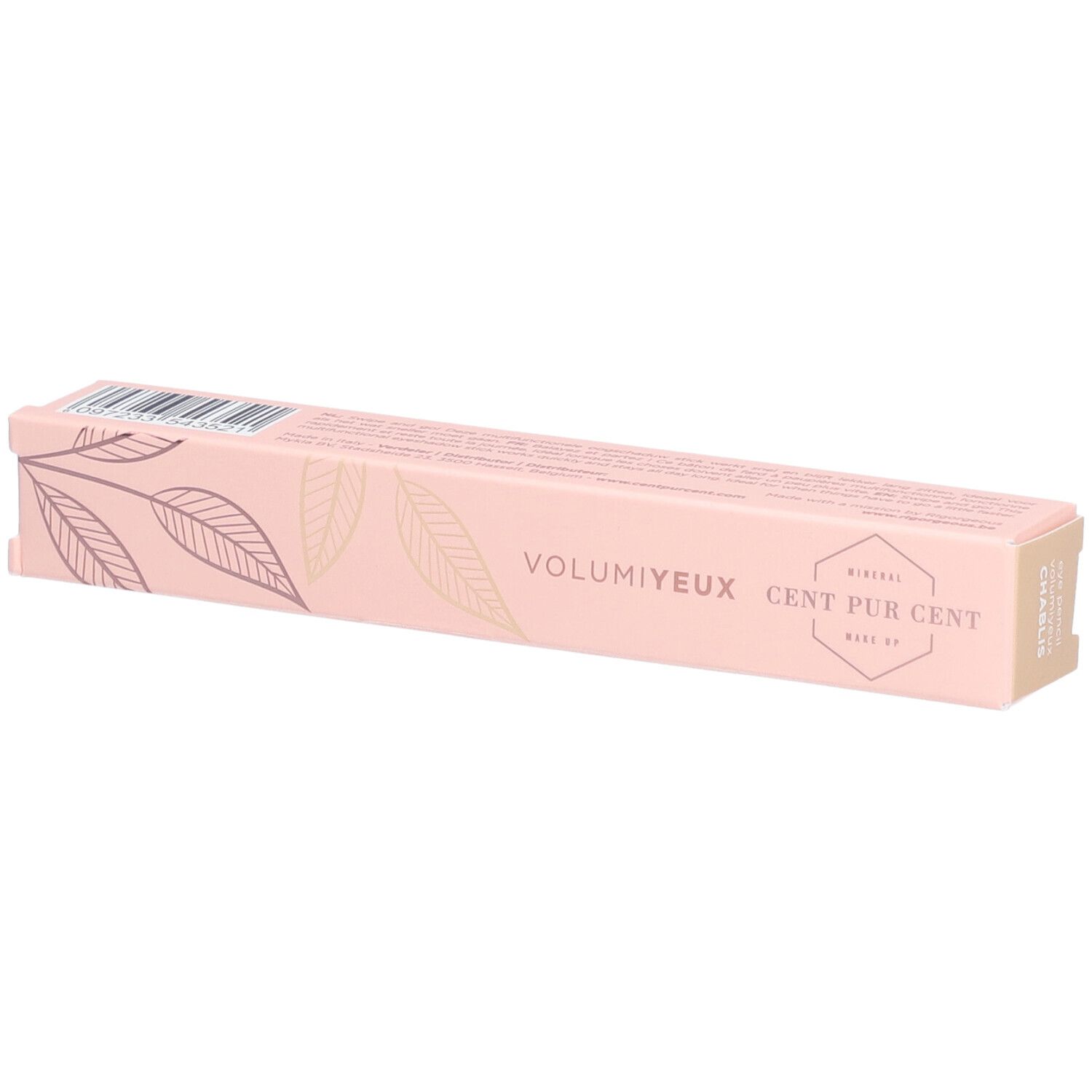 Roze verpakking met tekst VOLUMIYEUX CENT PUR CENT. Bladmotieven. Barcode zichtbaar.