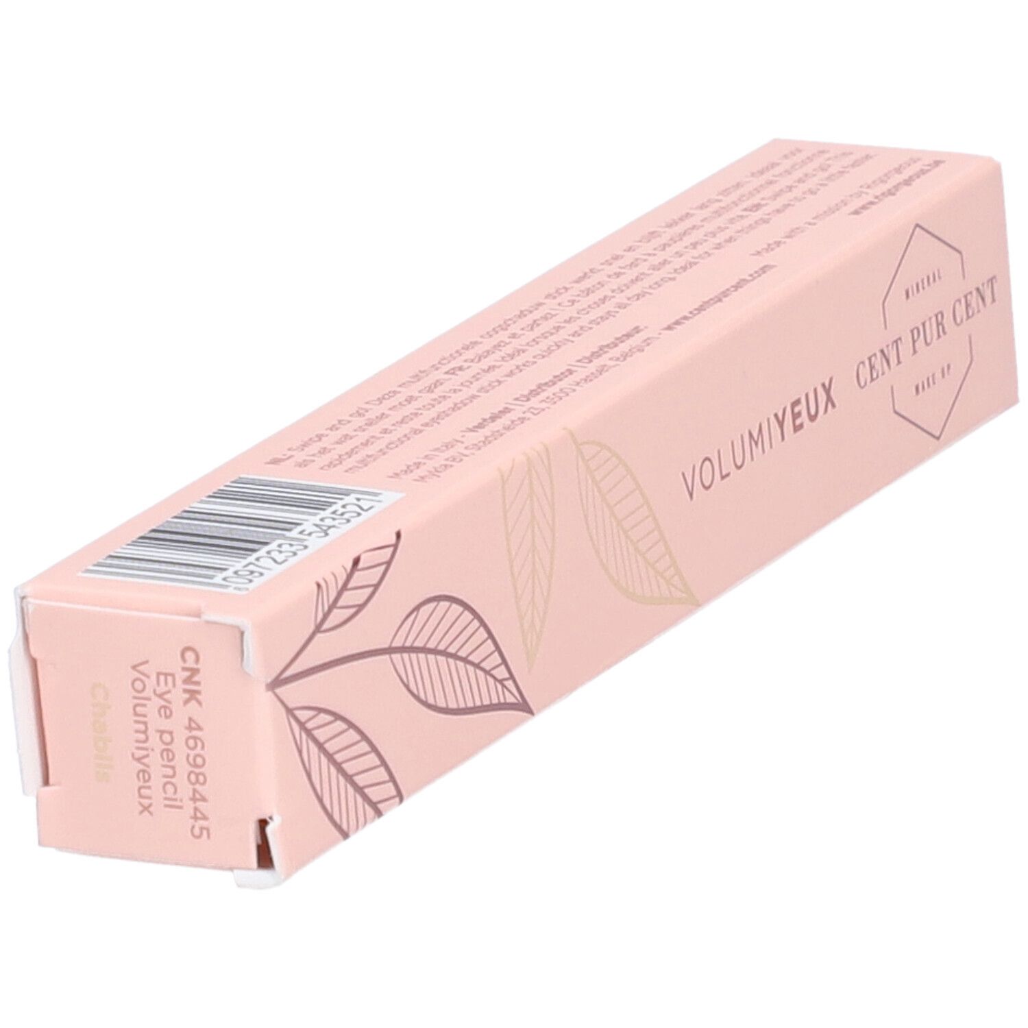 Schuine weergave van roze verpakking. Tekst VOLUMIYEUX CENT PUR CENT. Bladmotieven. Barcode.
