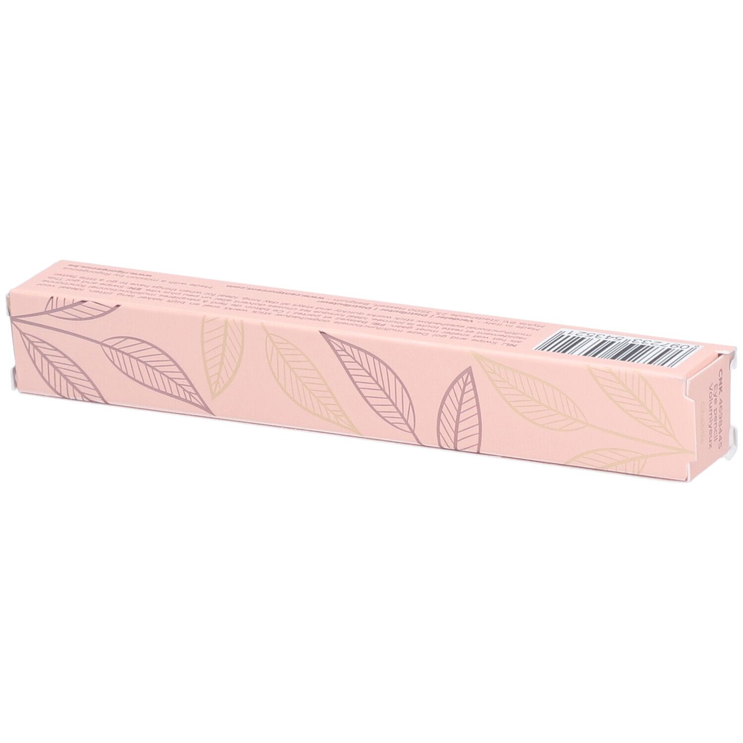Roze verpakking met bladmotieven. Tekst VOLUMIYEUX CENT PUR CENT. Barcode.
