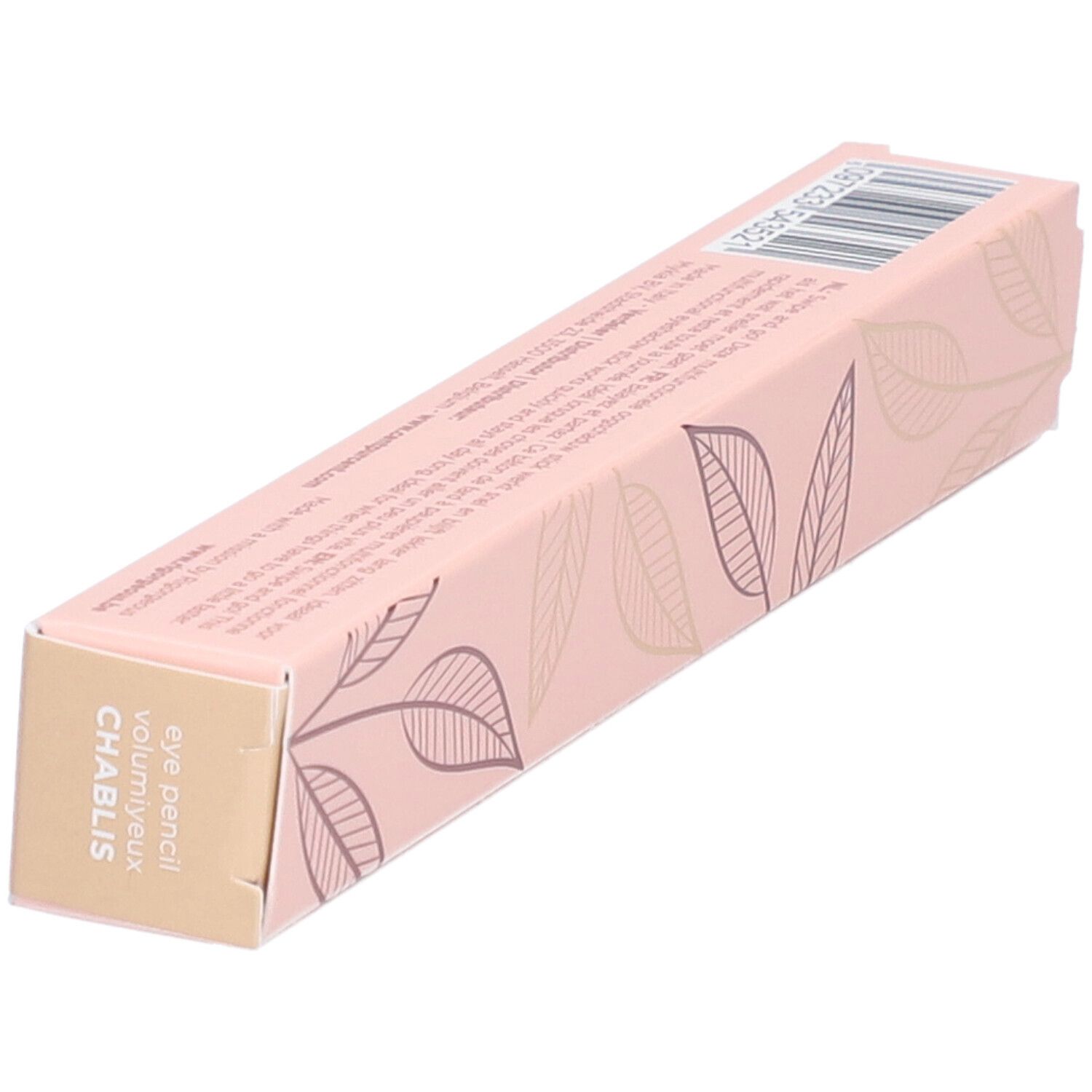 Roze verpakking met bladmotieven. Tekst VOLUMIYEUX CENT PUR CENT. Aanduiding: Eye pencil Chablis.