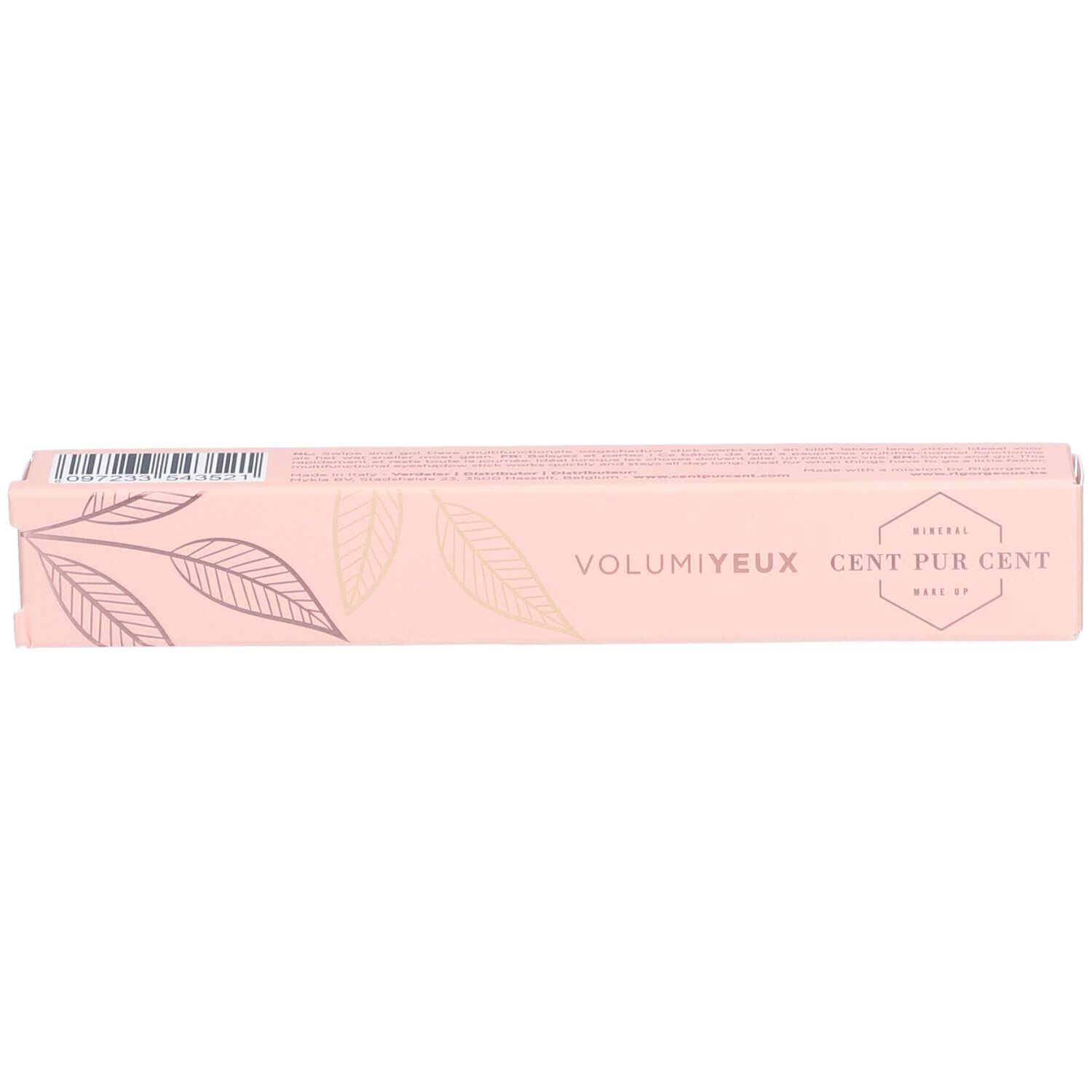 Roze verpakking met bladmotieven. Tekst VOLUMIYEUX CENT PUR CENT. Barcode.