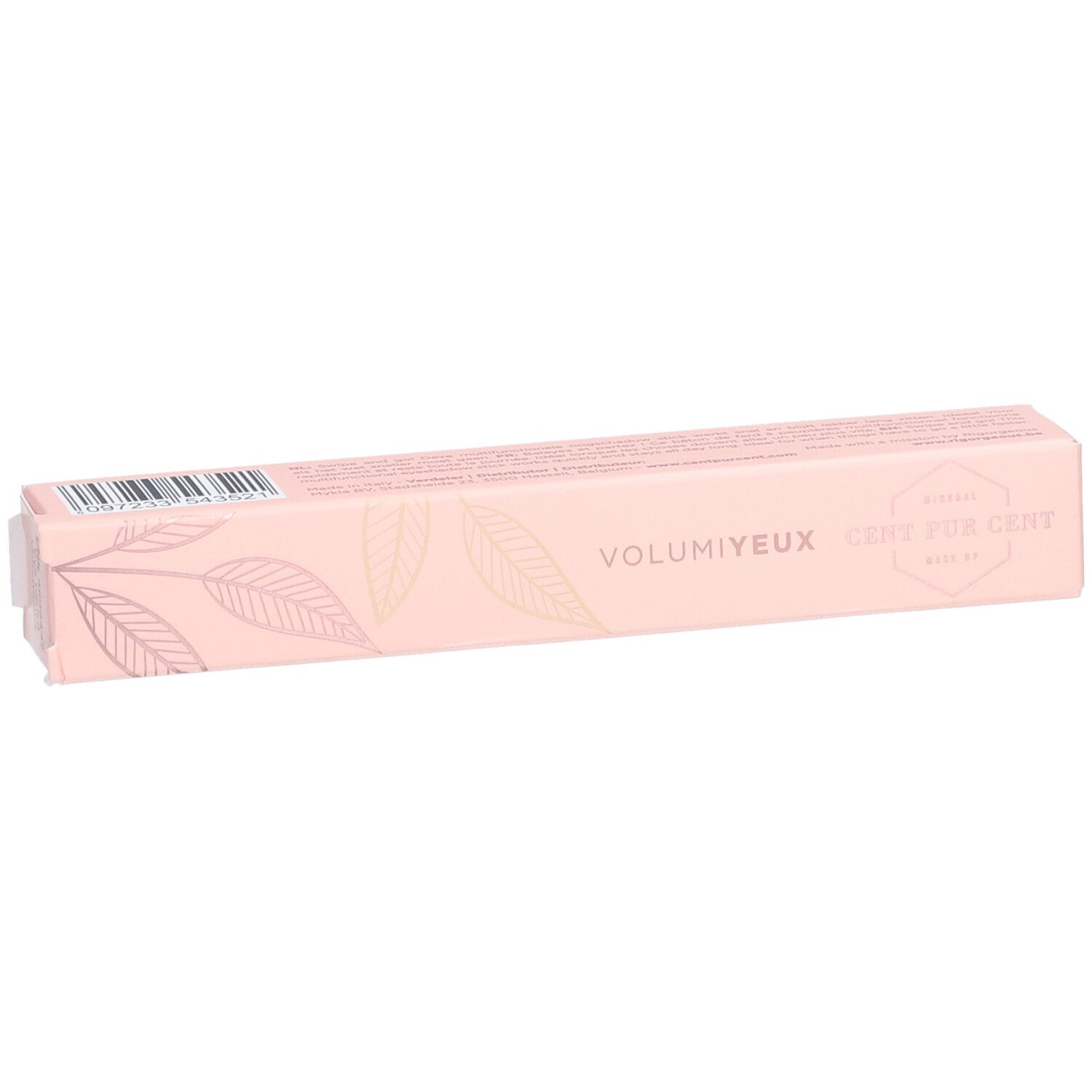 Roze verpakking met bladmotieven. Tekst VOLUMIYEUX CENT PUR CENT.