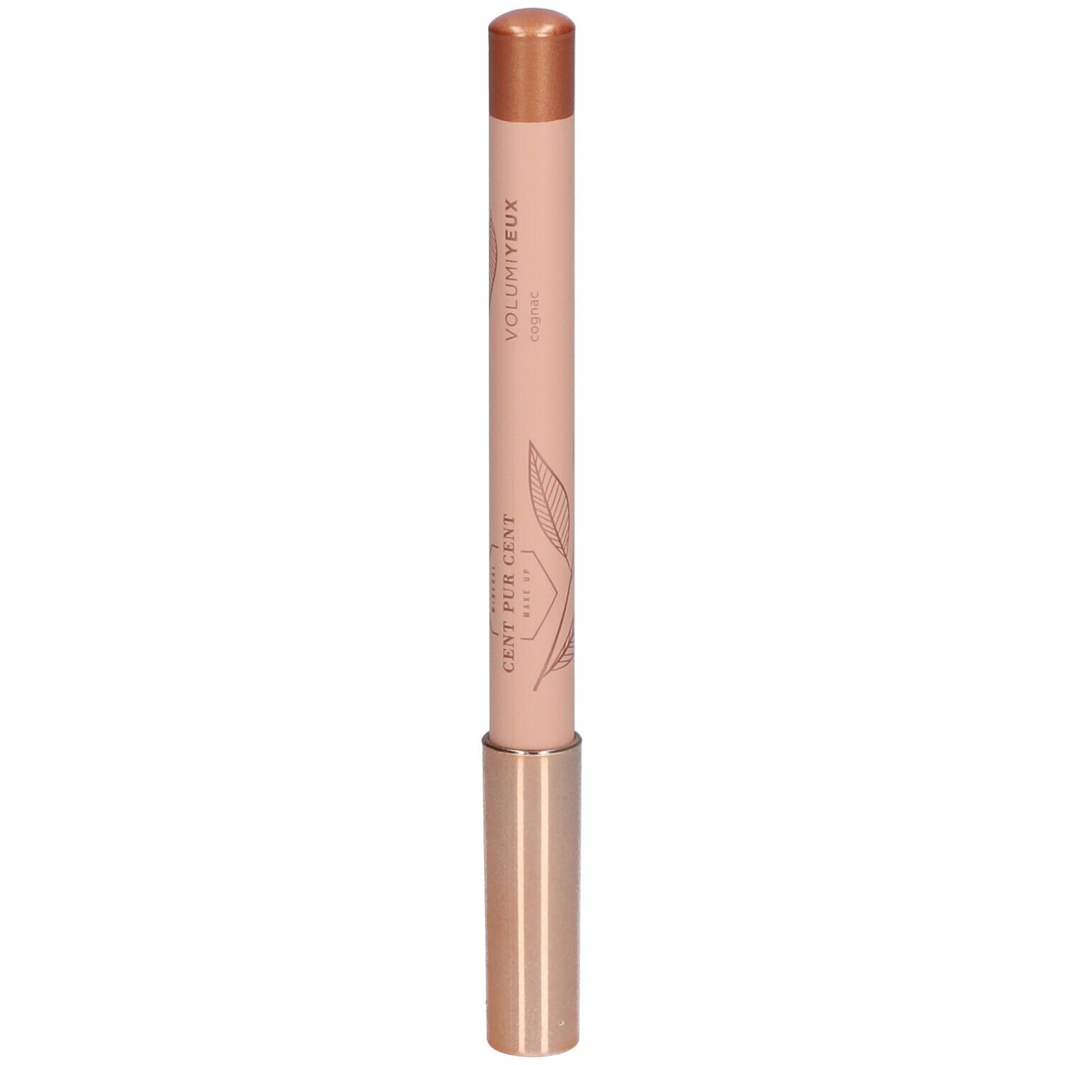 Crayon avec pointe bronze et corps rose. Inscription : CENT PUR CENT, VOLUMIEYUX.