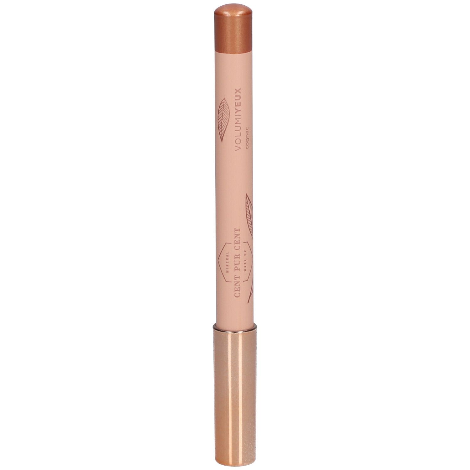 Crayon avec pointe bronze et corps rose. Inscription : CENT PUR CENT, VOLUMIEYUX.