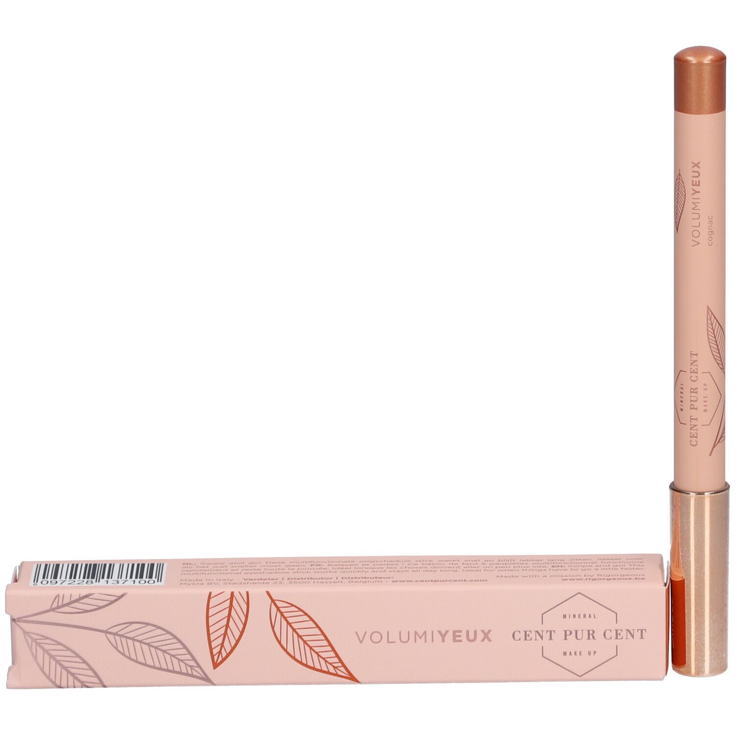 Emballage produit : Boîte rose avec crayon et inscription : CENT PUR CENT, VOLUMIEYUX.