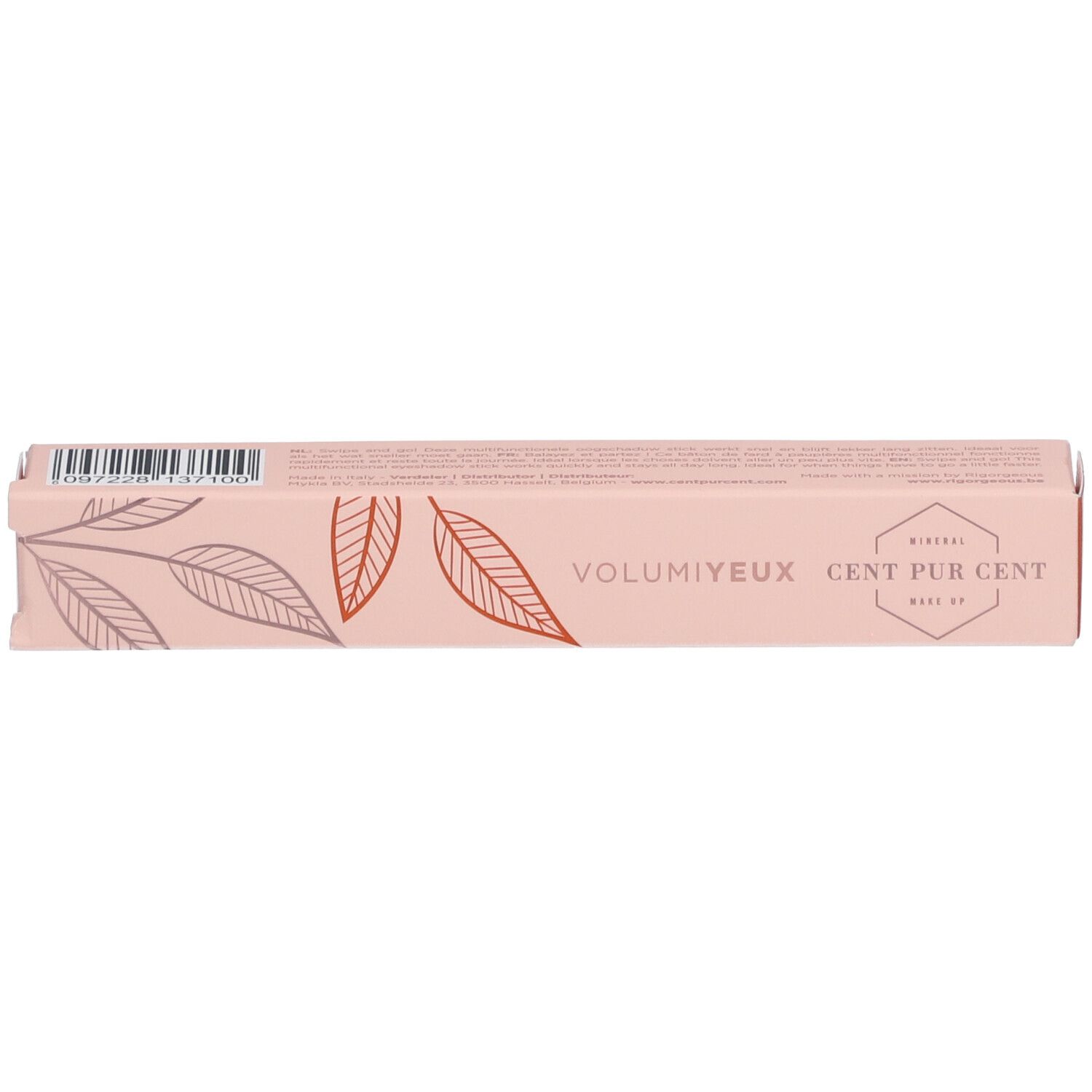 Emballage produit : Boîte rose avec inscription : CENT PUR CENT, VOLUMIEYUX.