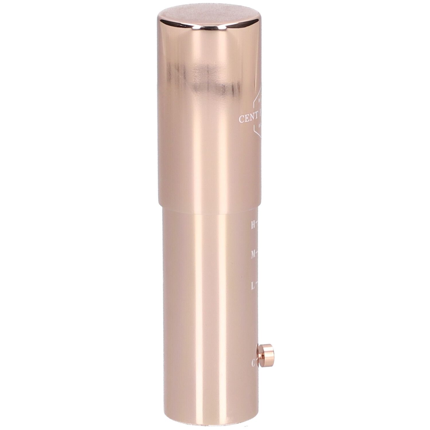 Roségoud, cilindrisch product. Verstelbare lengte met markeringen. Draaiknop.
