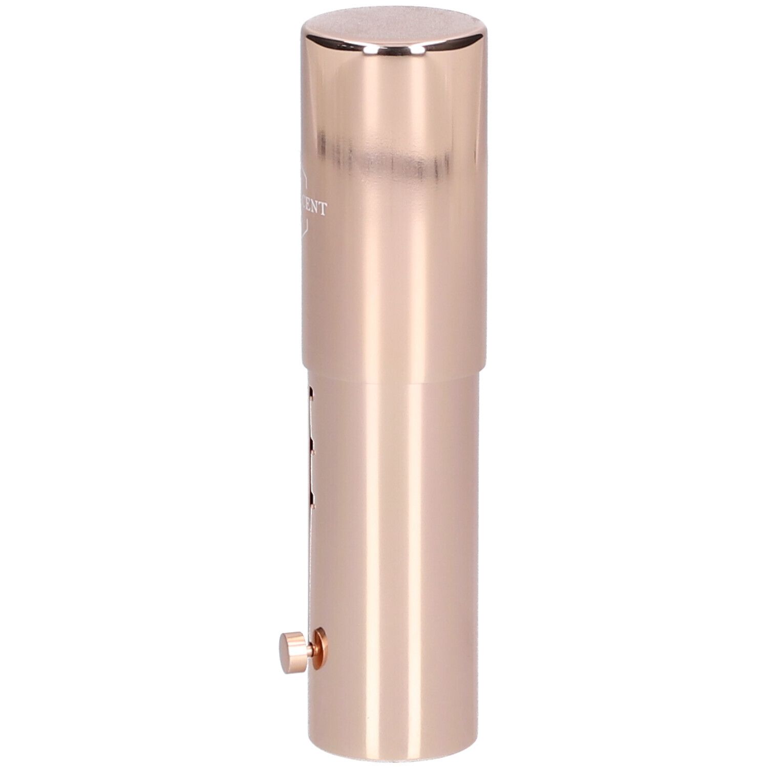 Roségoud, cilindrisch product met markeringen. Draaiknop voor lengteverstelling.
