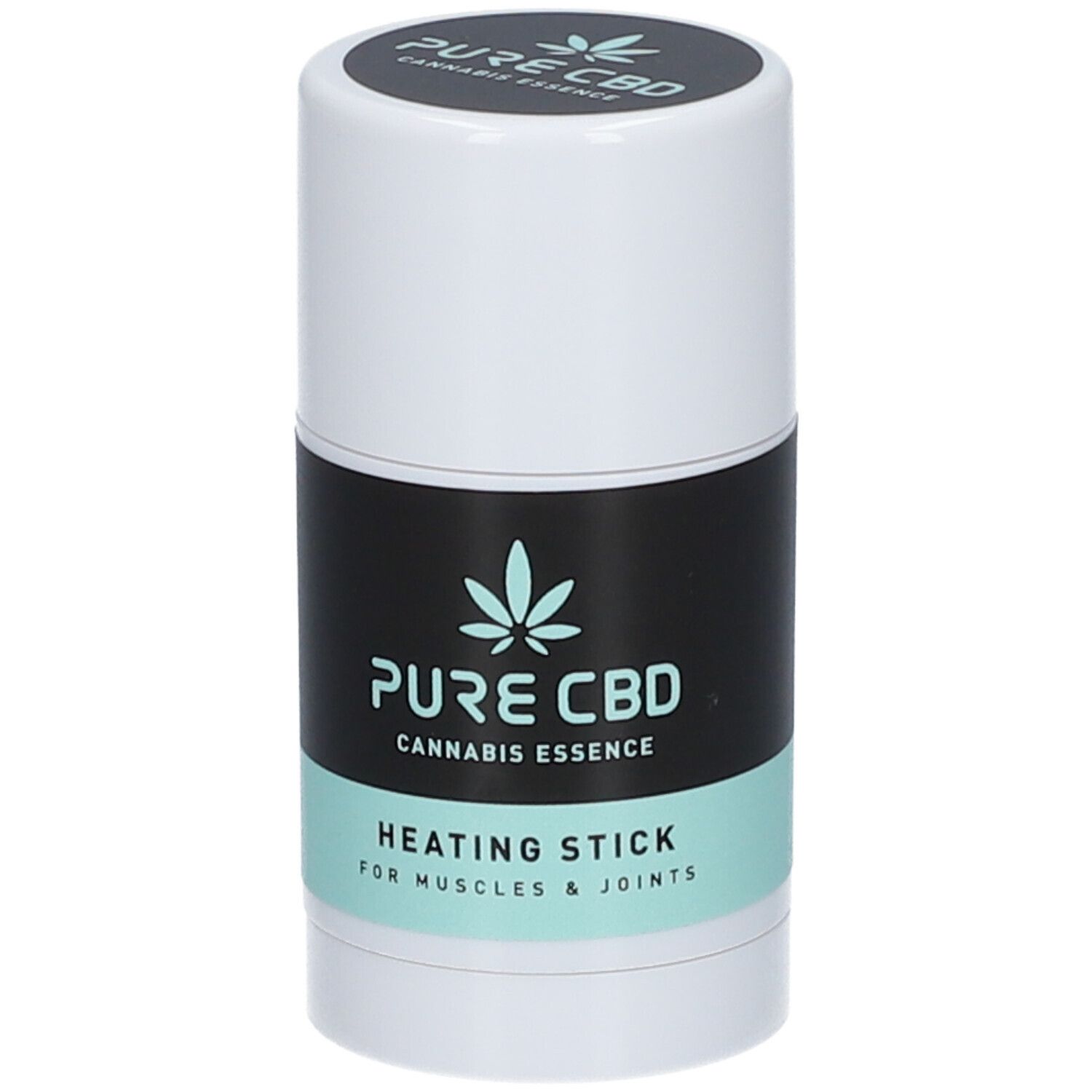 Cilindrische verwarmingsstick. Zwart en mintgroen etiket met tekst: PURE CBD, Cannabis Essence, Heating Stick, voor spieren en gewrichten.