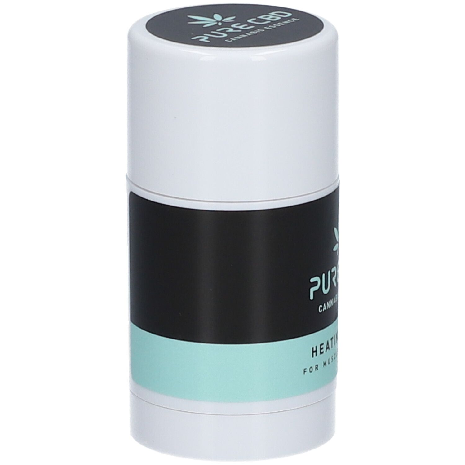 Cilindrische verwarmingsstick. Zwart etiket met mintgroene streep. Tekst: PURE CBD, Cannabis Essence, Heating Stick.