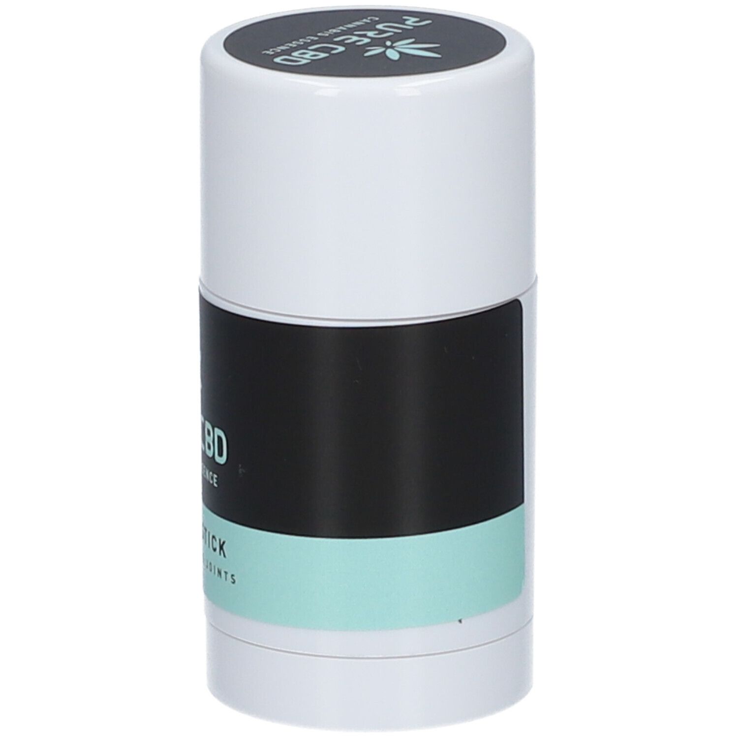 Cilindrische verwarmingsstick. Zwart etiket met mintgroene streep. Tekst: PURE CBD, Cannabis Essence, Heating Stick.