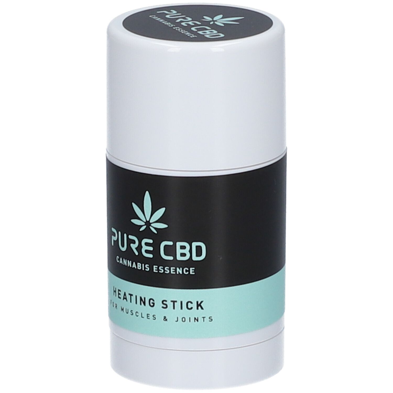 Cilindrische verwarmingsstick. Zwart etiket met mintgroene streep. Tekst: PURE CBD, Cannabis Essence, Heating Stick.